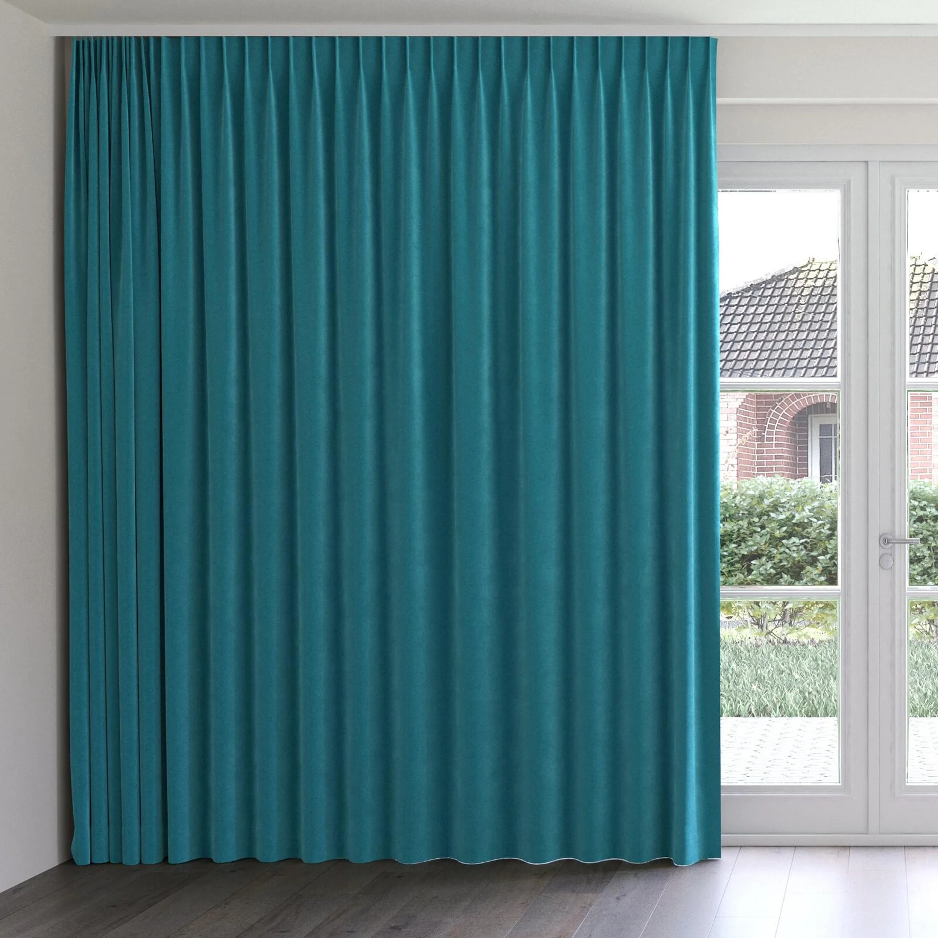 Front view of Moon Teal, on curtain rail