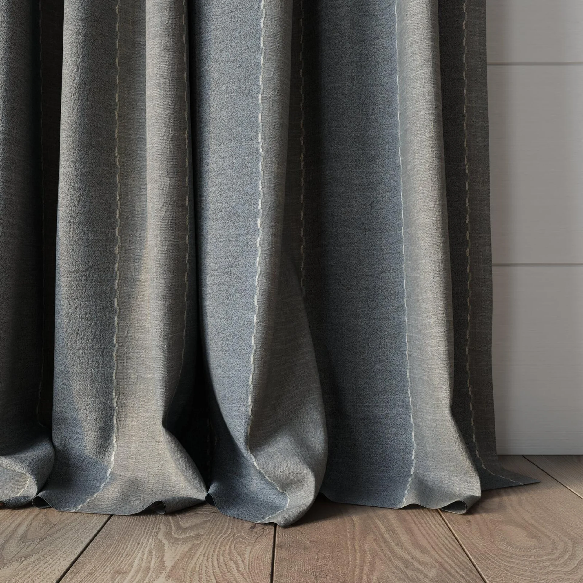 Bottom view of Zanella Folkstone, puddled, on curtain rod