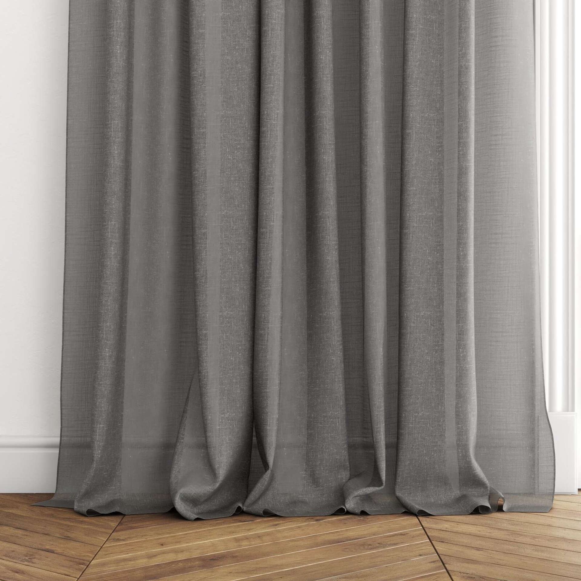 Bottom view of Uno Shadow, puddled with pinch pleat, on curtain rod