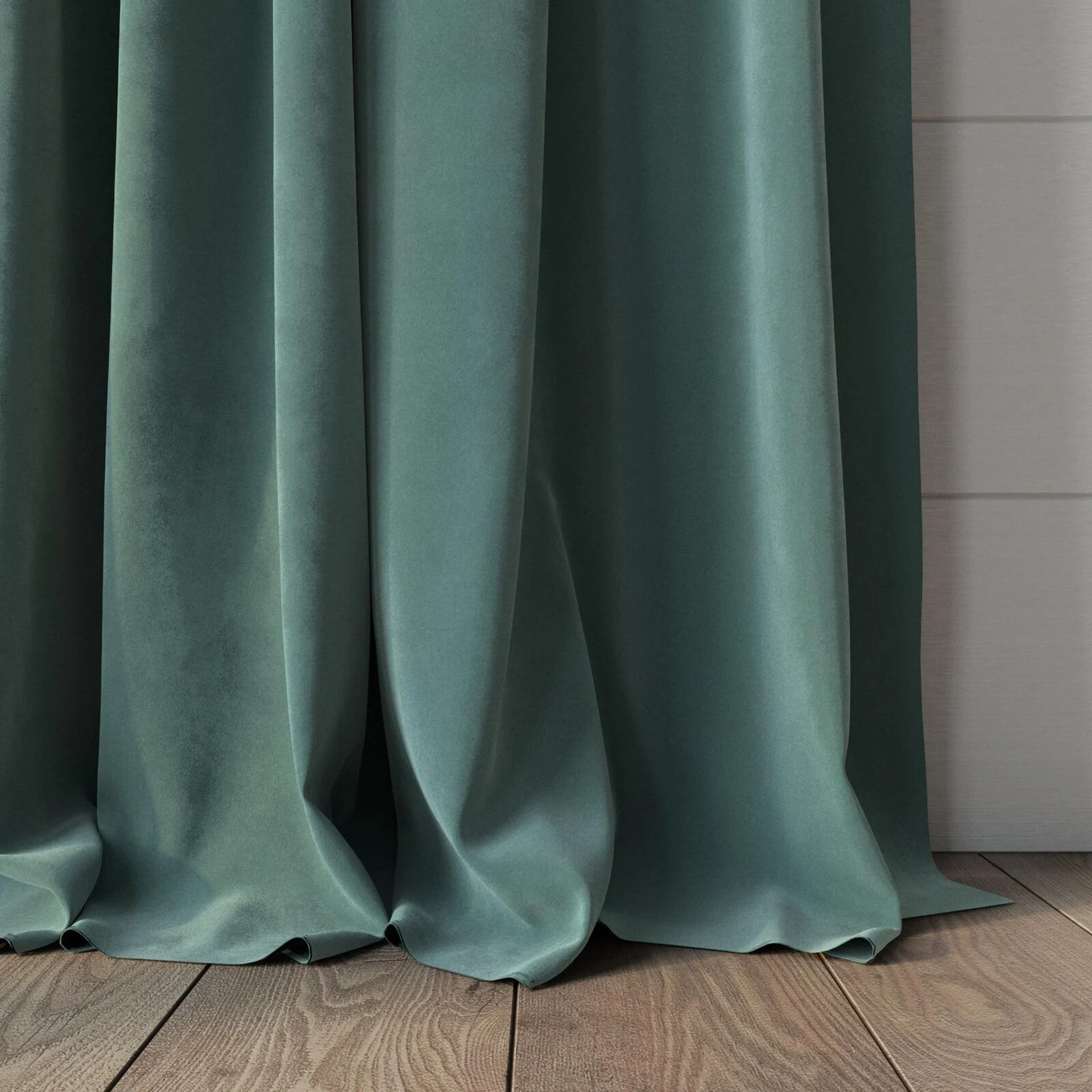 Bottom view of Lux Velvet Mint 8803, puddled, on curtain rod