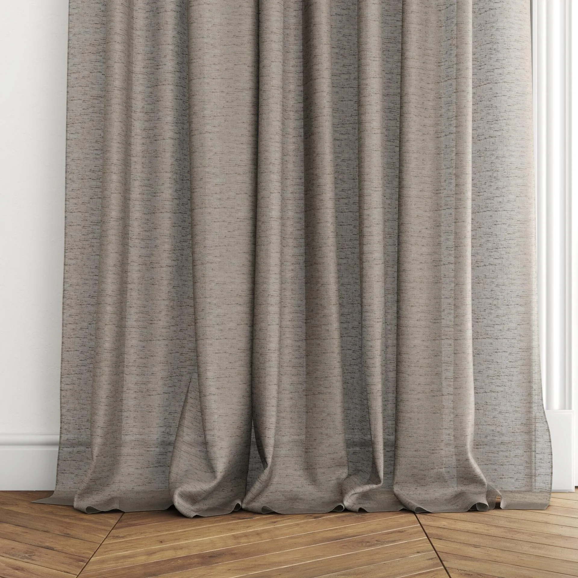 Bottom view of Sencha Mondo, puddled with pinch pleat, on curtain rod