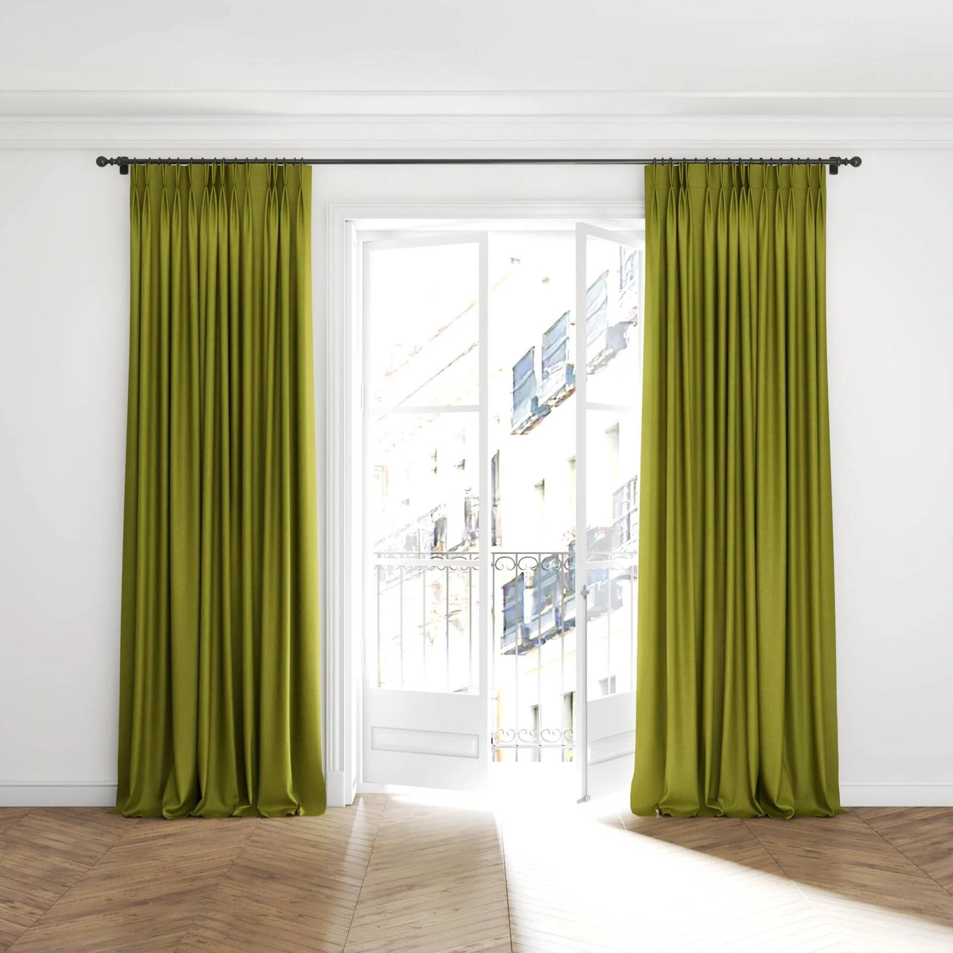 Full view of Bronco Oasis, puddled with pinch pleat, on curtain rod