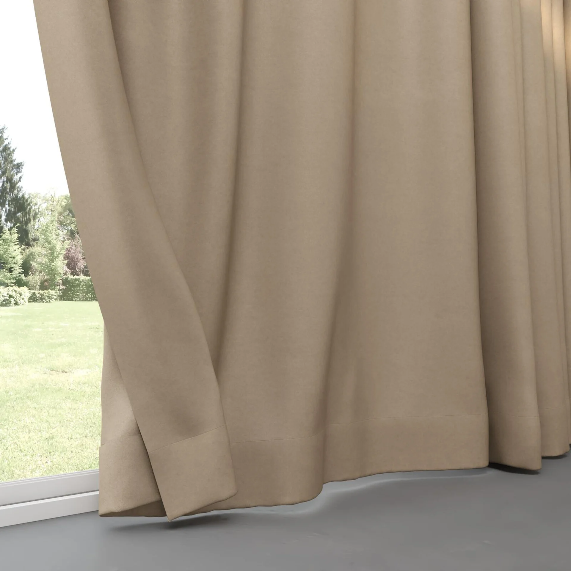 Bottom view of Peak Taupe, pinch pleat