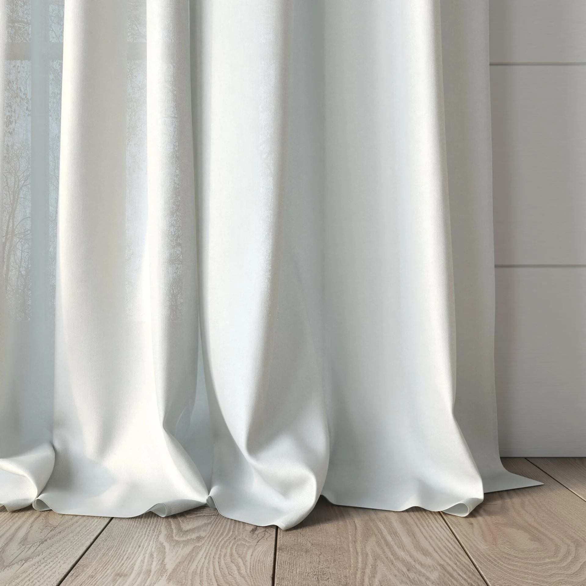 Bottom view of Linen Calm, puddled, on curtain rod