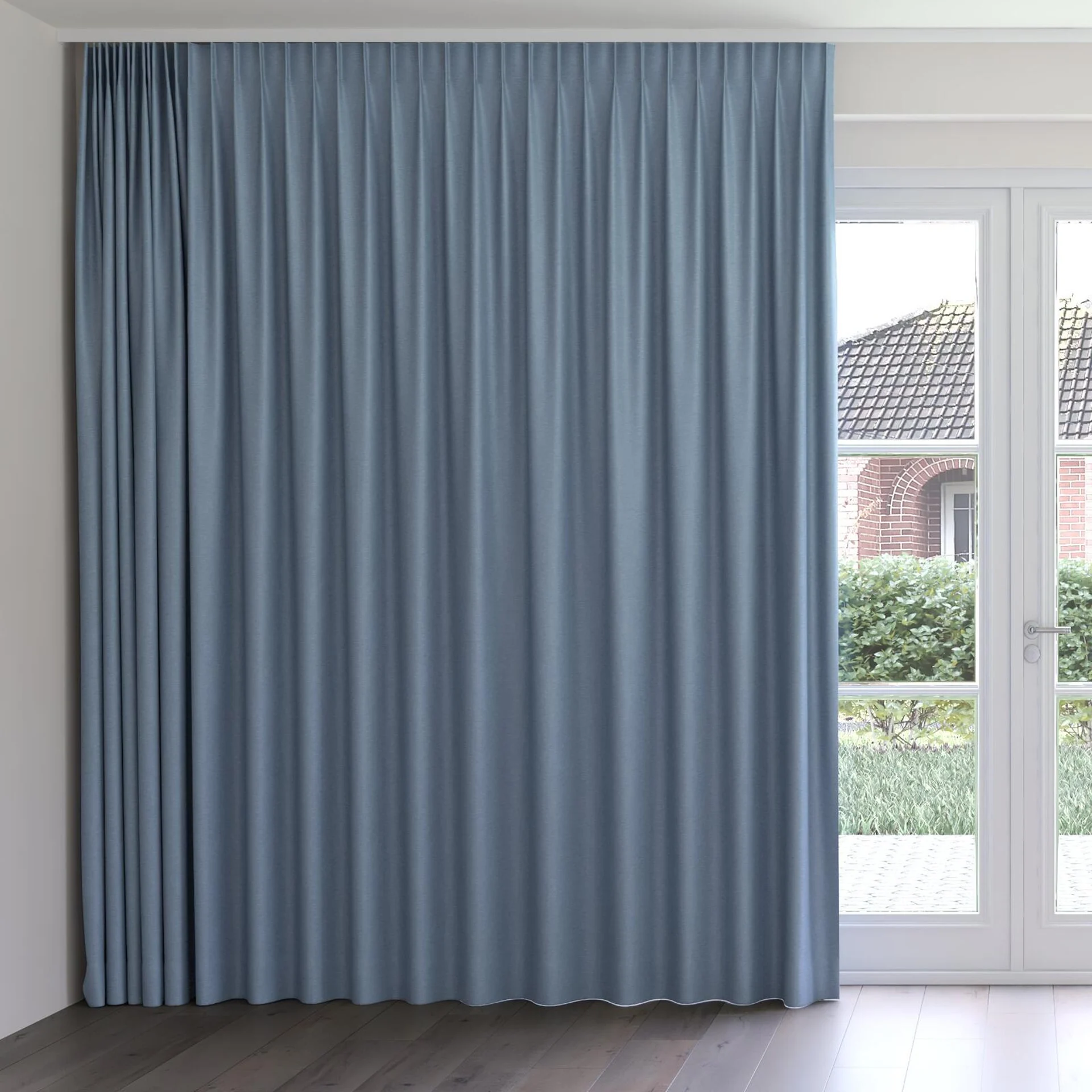 Front view of Colourwash Eco Denim, on curtain rail