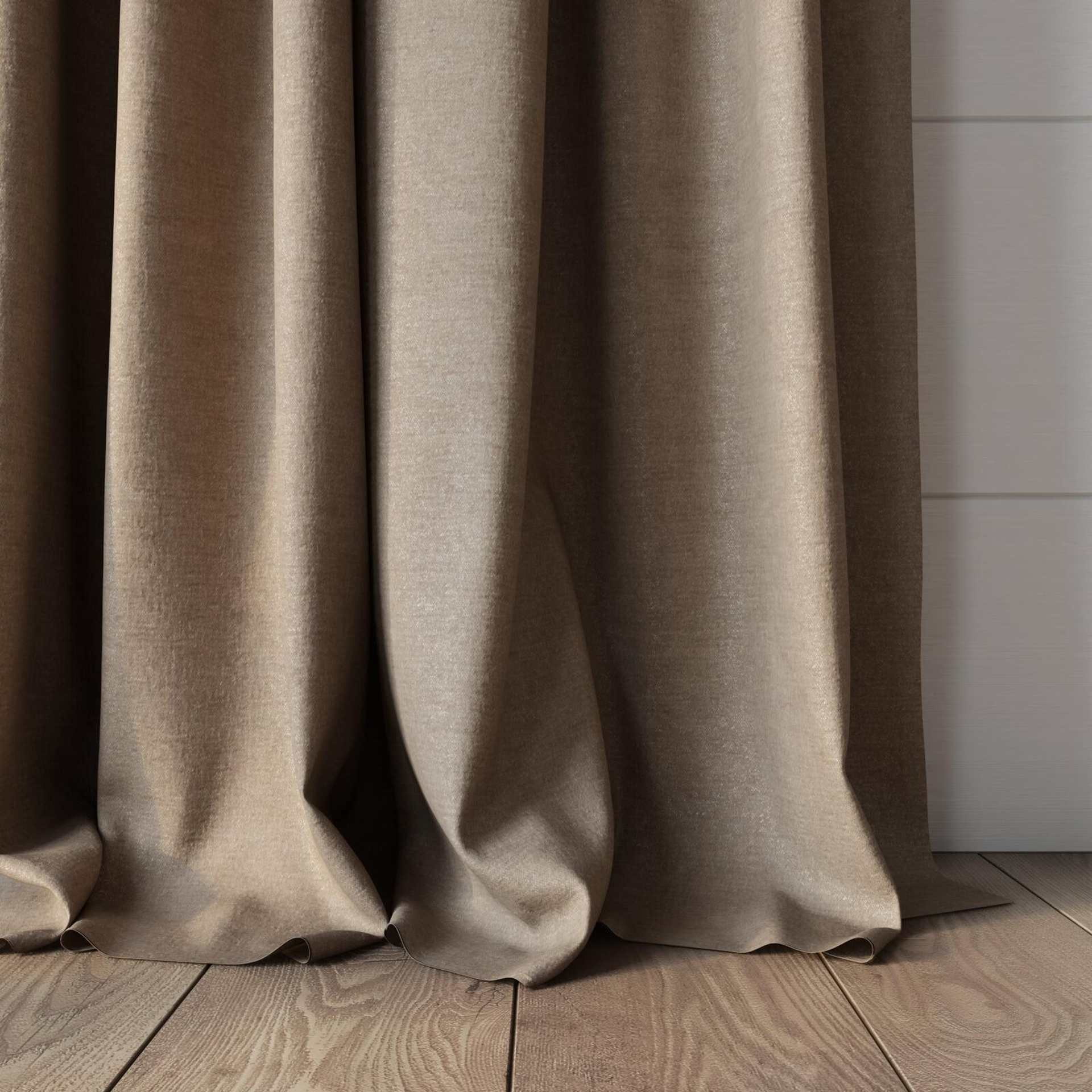 Bottom view of Drama Linen, puddled, on curtain rod