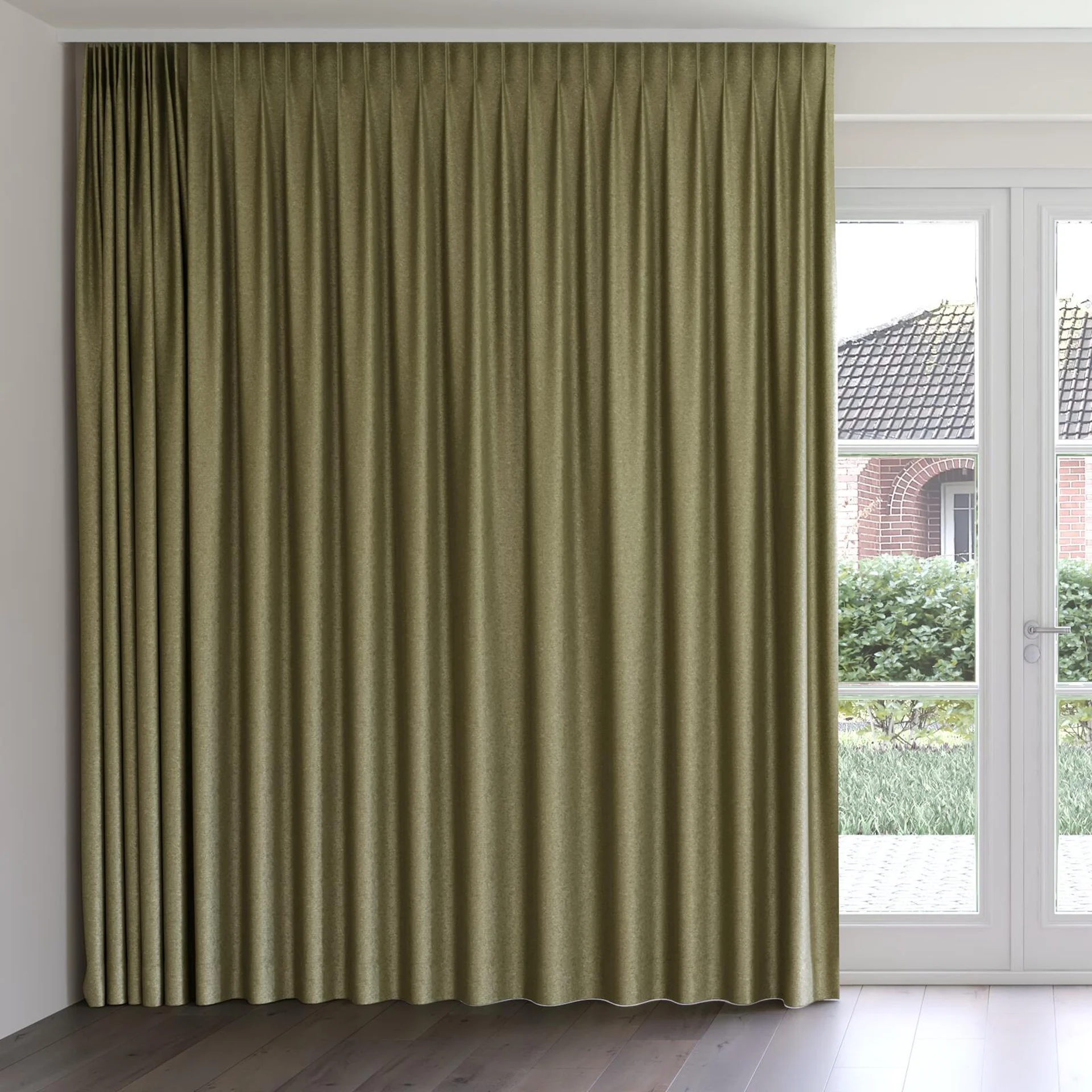 Front view of Recharge Olive, on curtain rail
