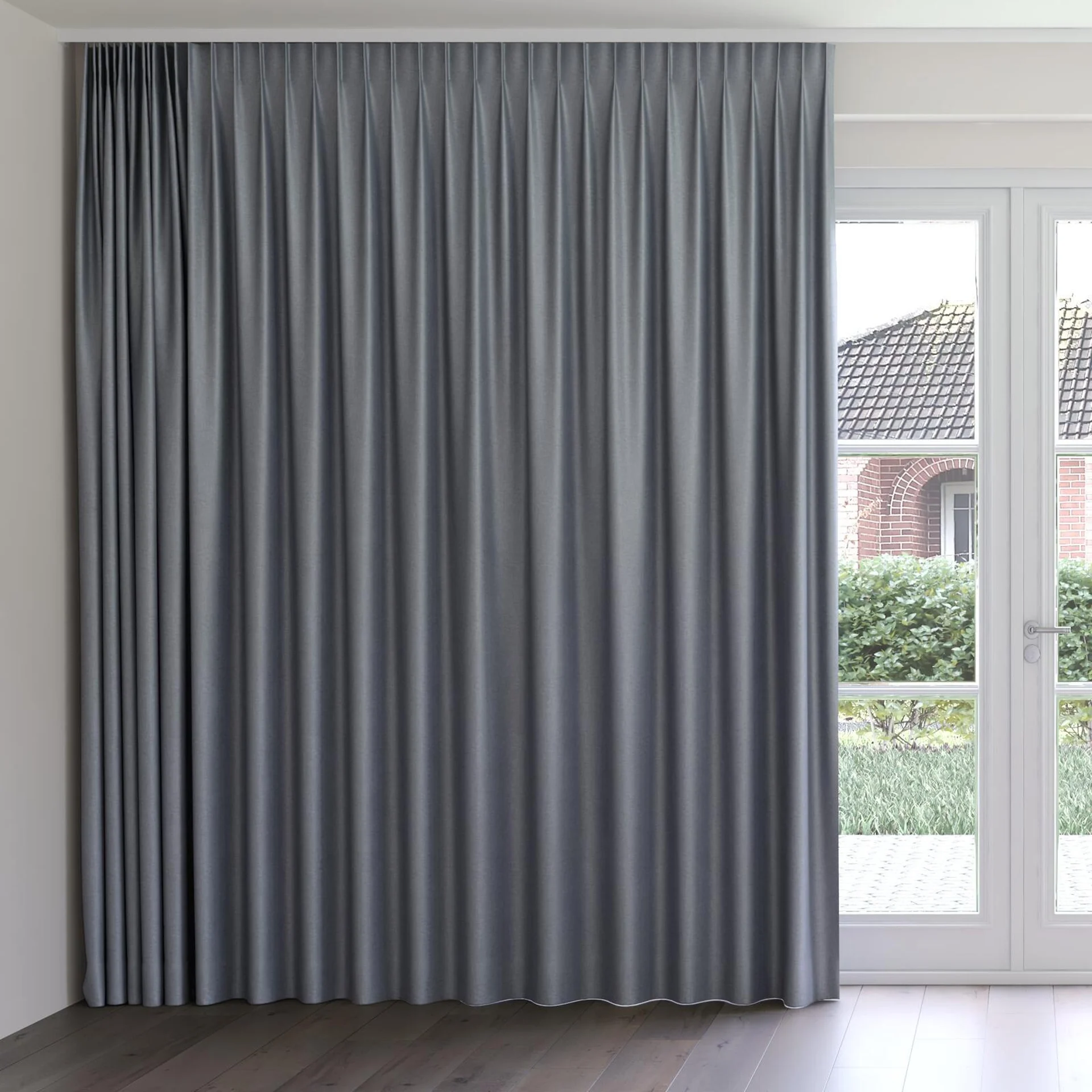 Front view of Glamour Zinc, on curtain rail