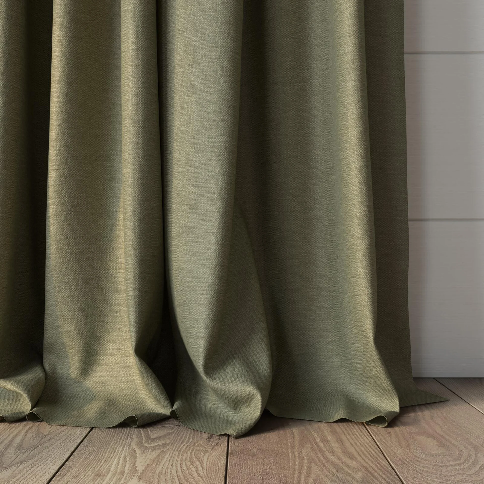 Bottom view of Colourwash Eco Khaki, puddled, on curtain rod