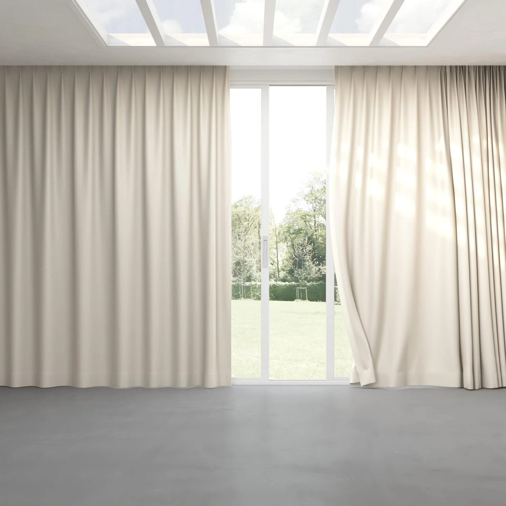 Full view of Excel Greige, pinch pleat