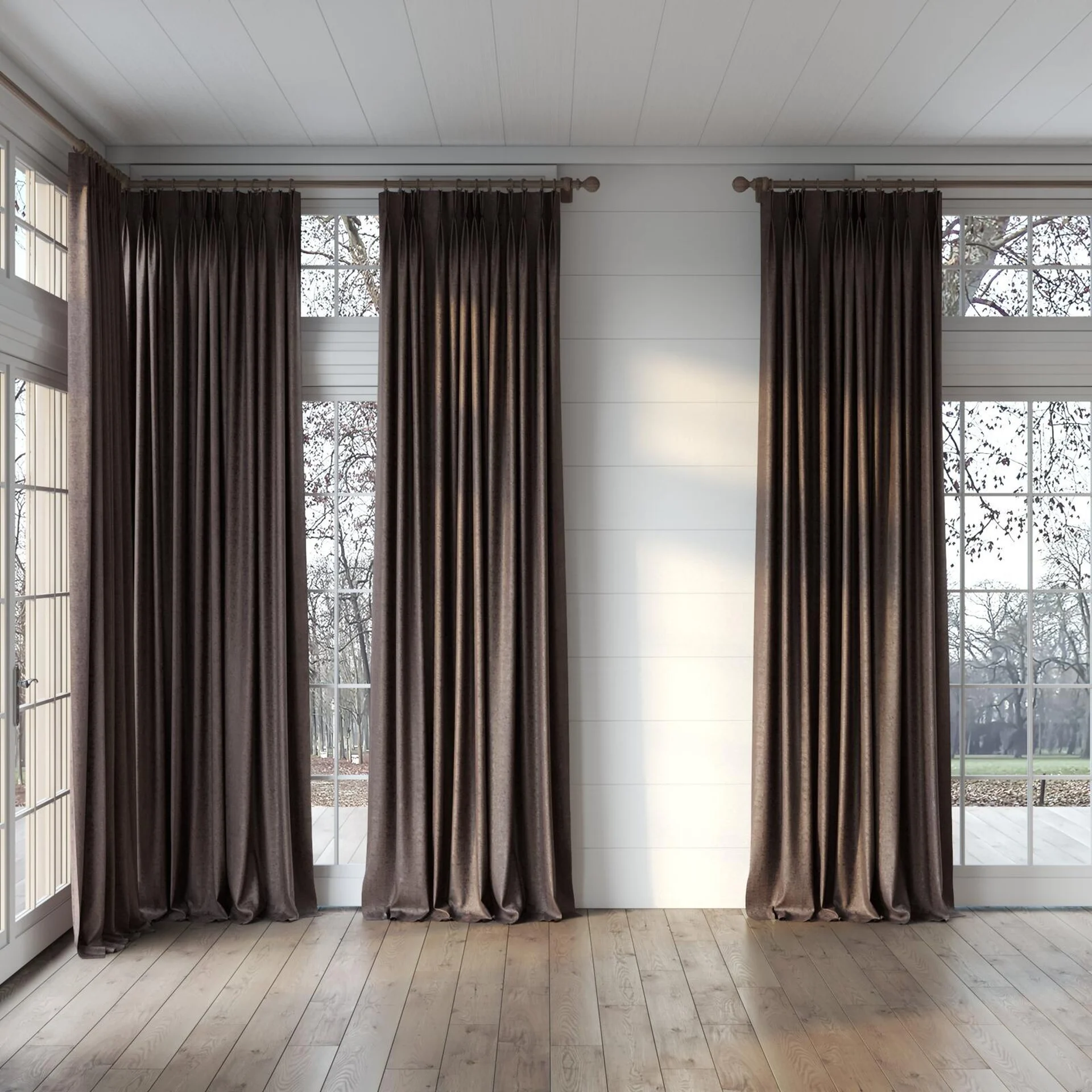 Full view of Hug Truffle, puddled, on curtain rod