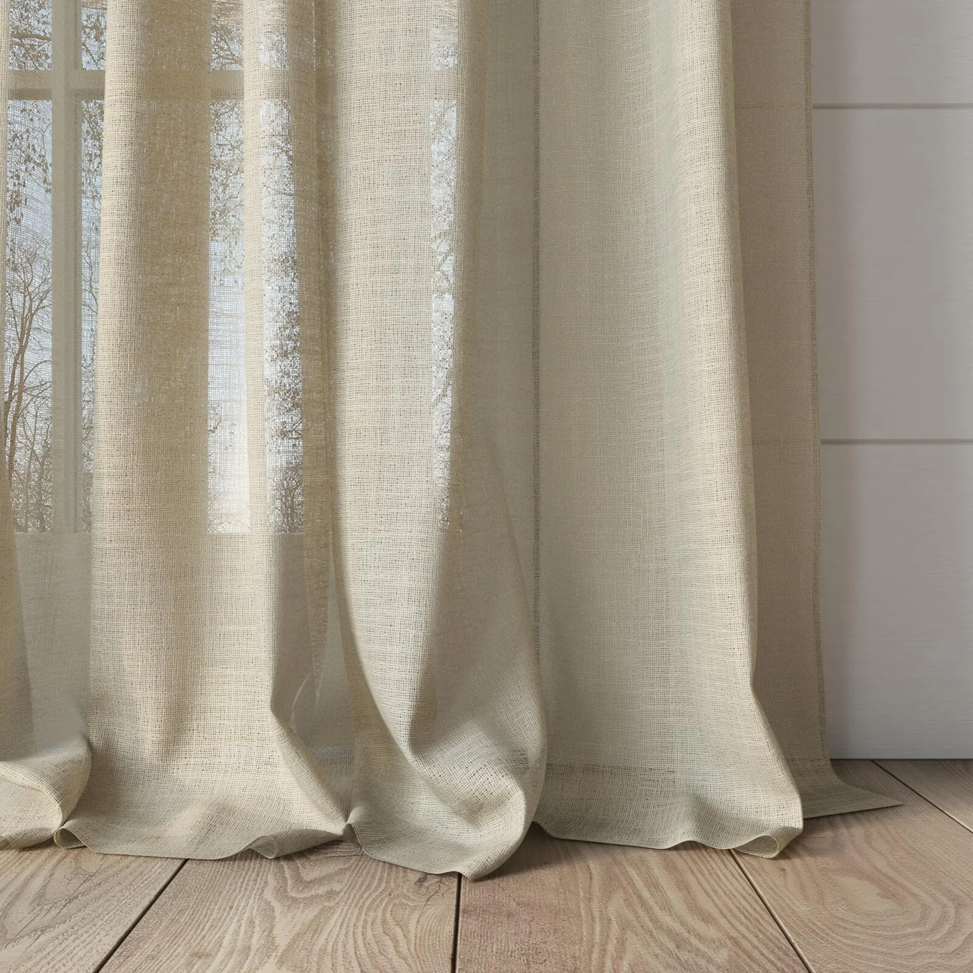 Bottom view of Verdant Sand, puddled, on curtain rod