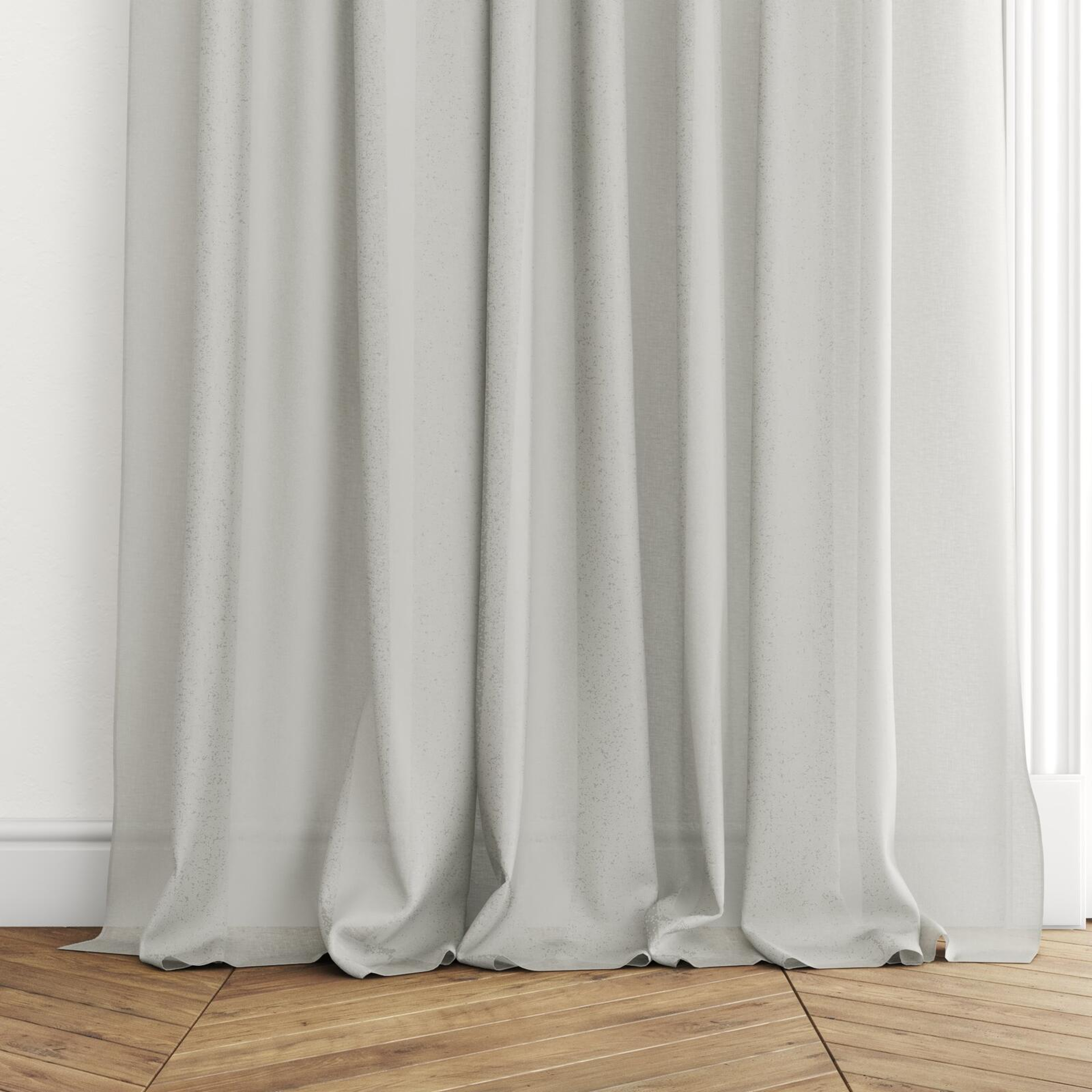 Bottom view of Wategos Willow, puddled with pinch pleat, on curtain rod