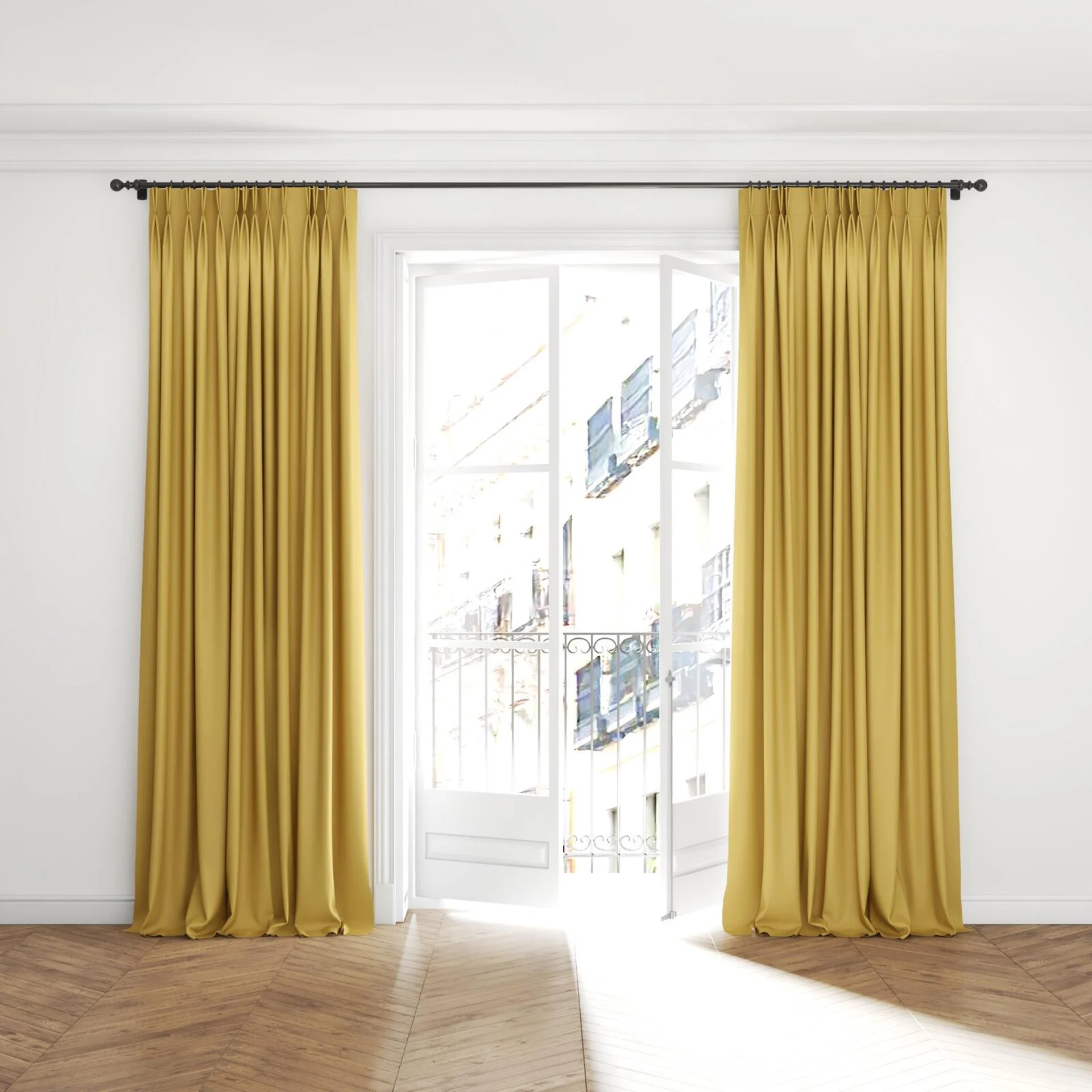 Full view of Blockbuster Caramel, puddled with pinch pleat, on curtain rod