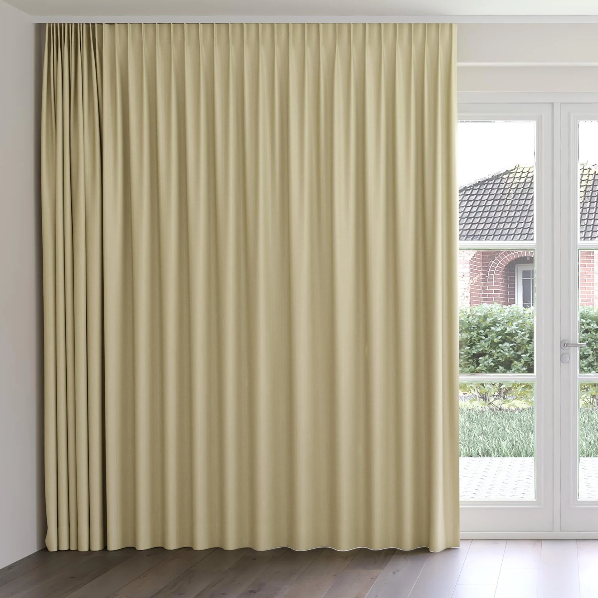Front view of Trailblazer Pistachio, on curtain rail