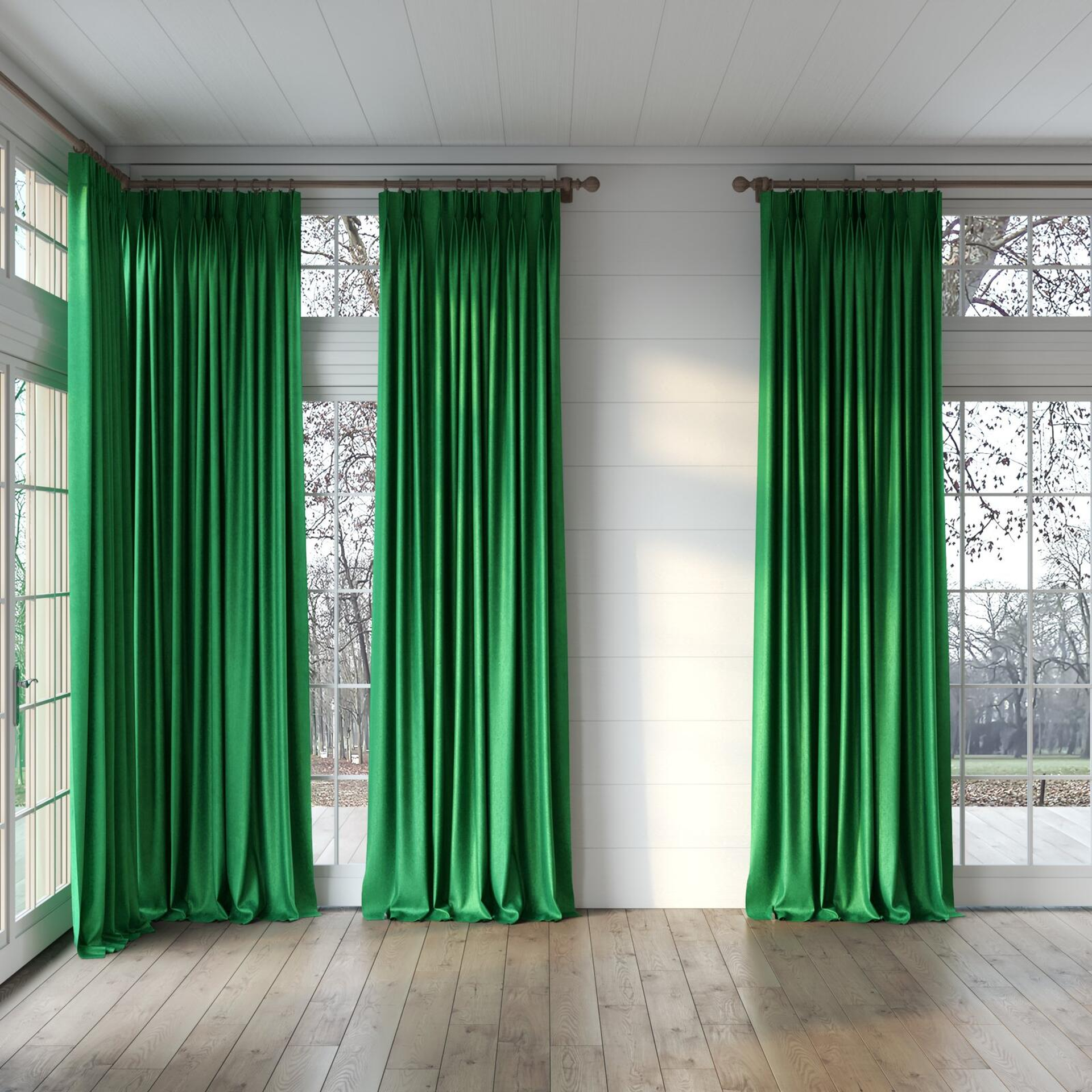 Full view of Hug Emerald, puddled, on curtain rod