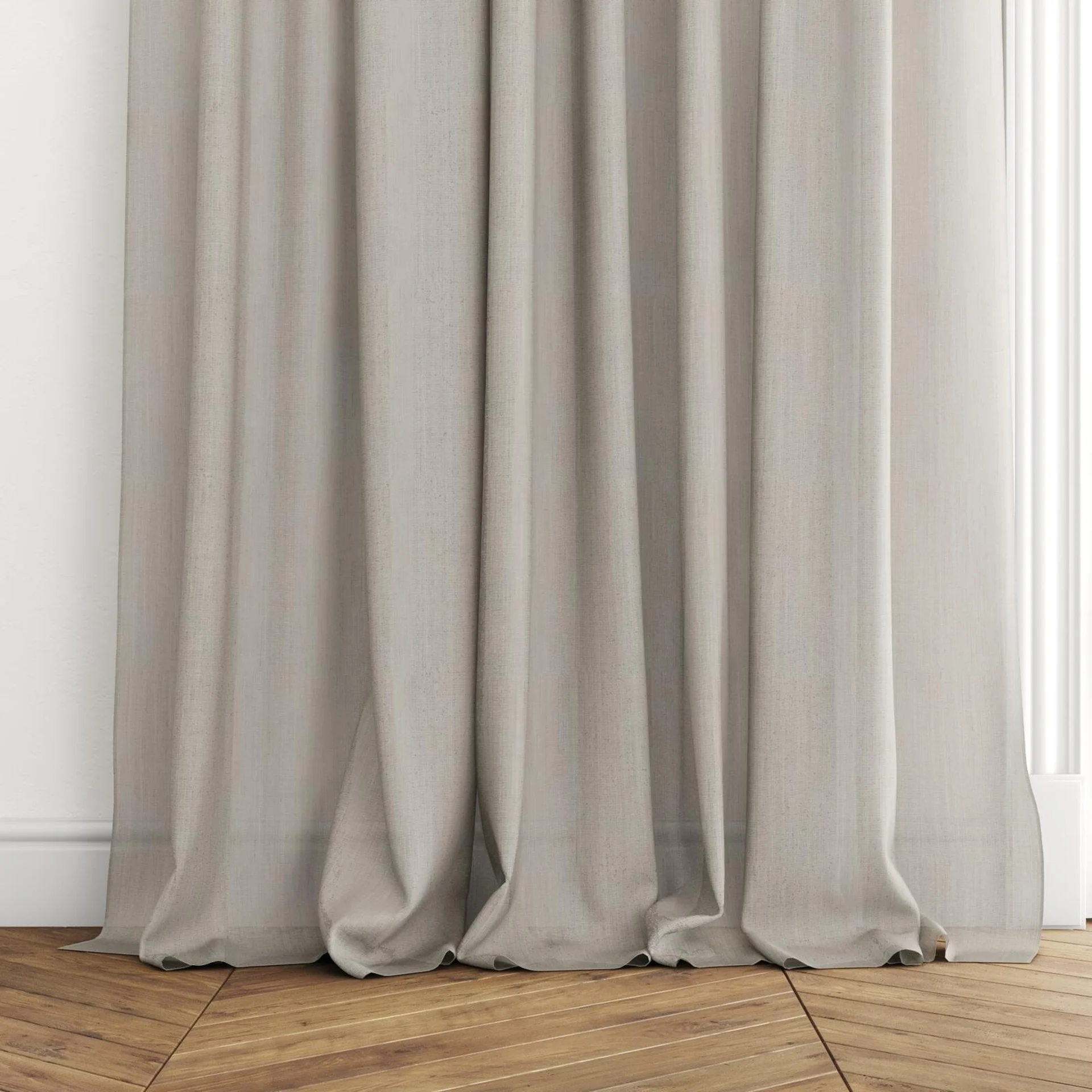 Bottom view of Antipodes Driftwood, puddled with pinch pleat, on curtain rod