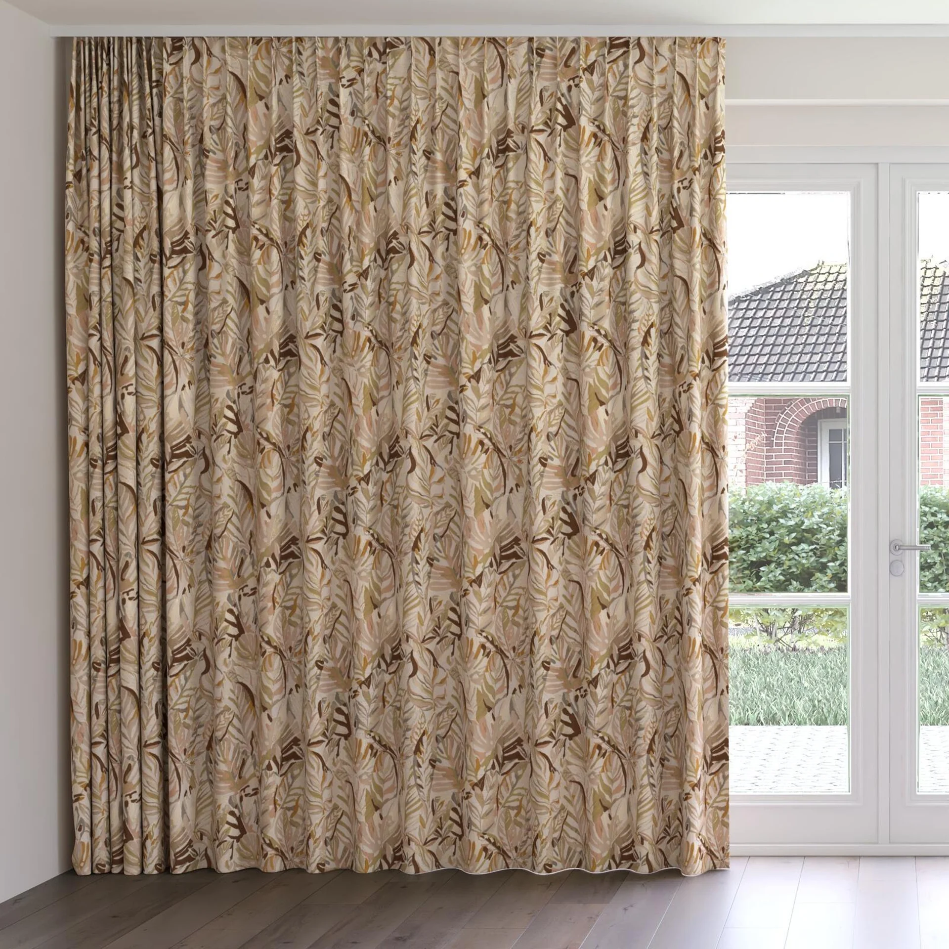 Front view of Cordia Raffia, on curtain rail