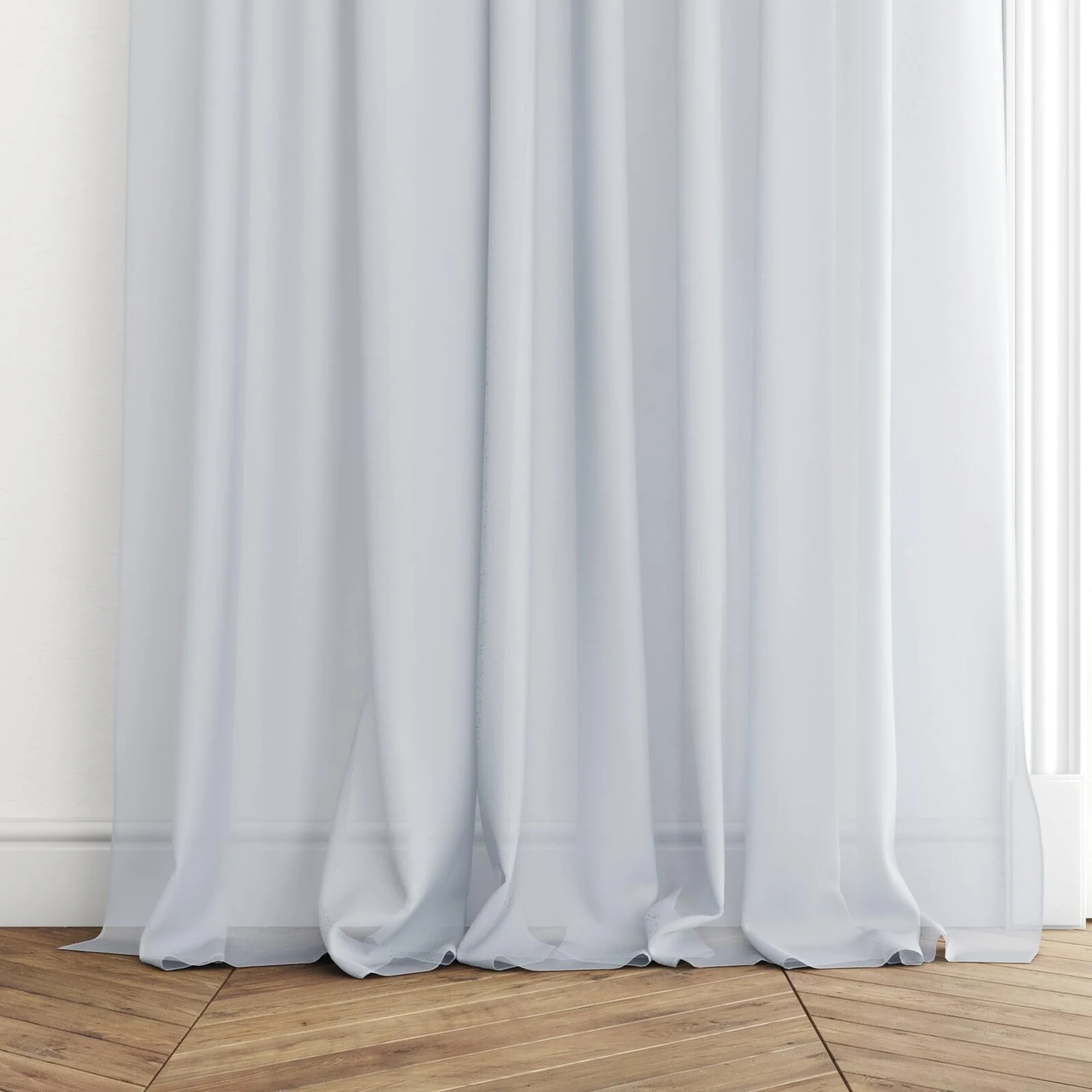 Bottom view of Zine Sky, puddled with pinch pleat, on curtain rod