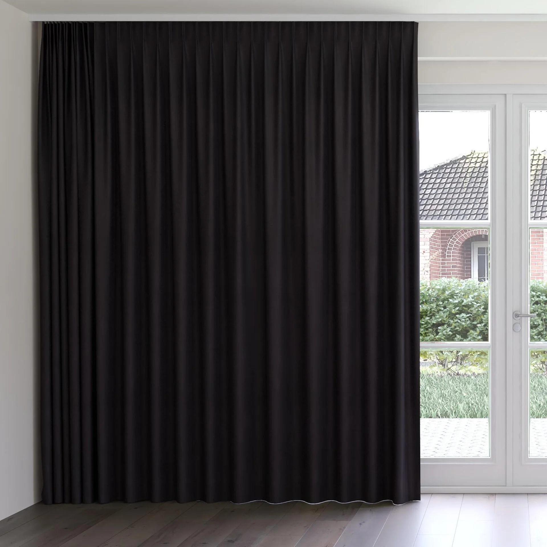 Front view of Loci Dim Out Onyx, on curtain rail