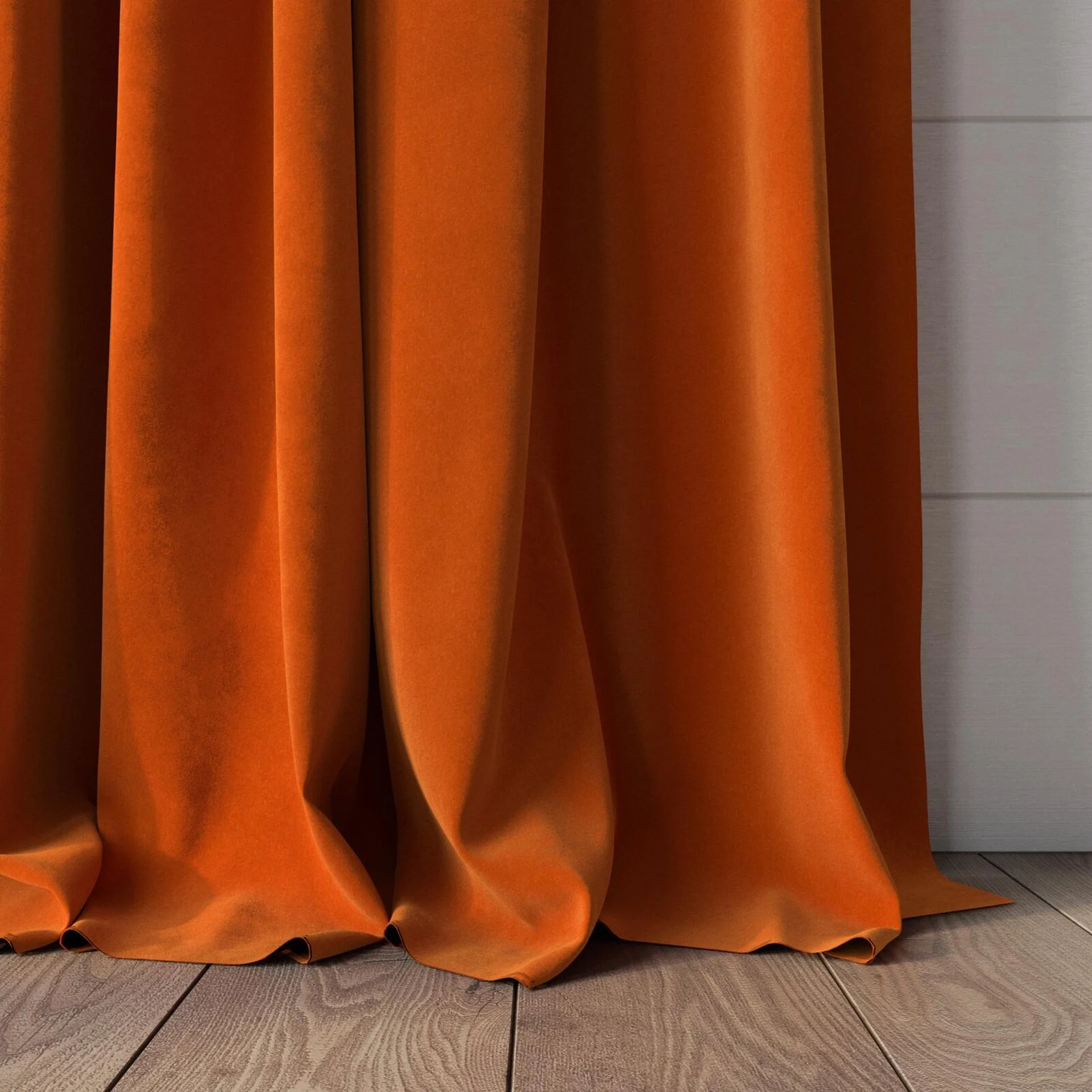 Bottom view of Lux Velvet Orange 8906, puddled, on curtain rod