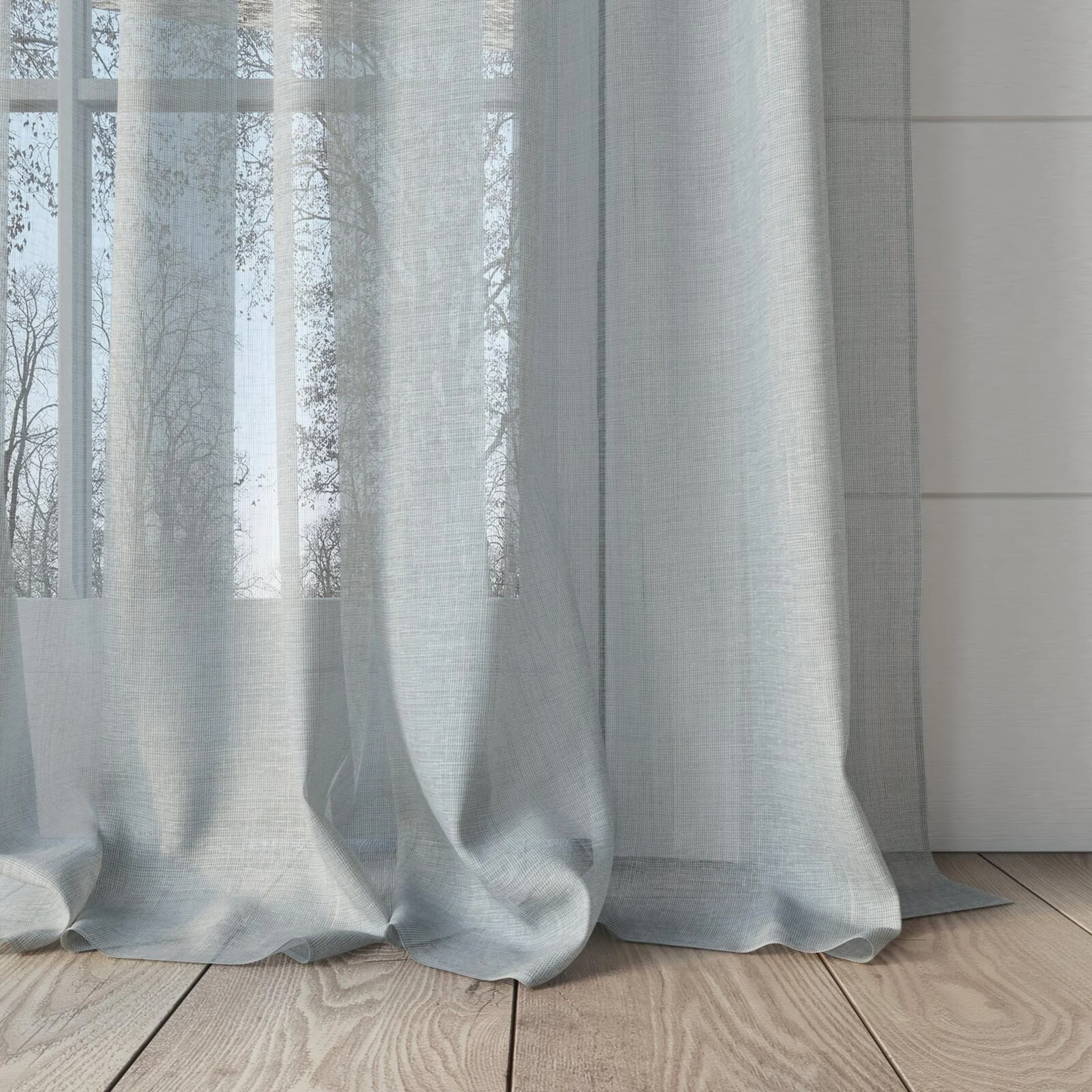 Bottom view of Antipodes Aqua, puddled, on curtain rod
