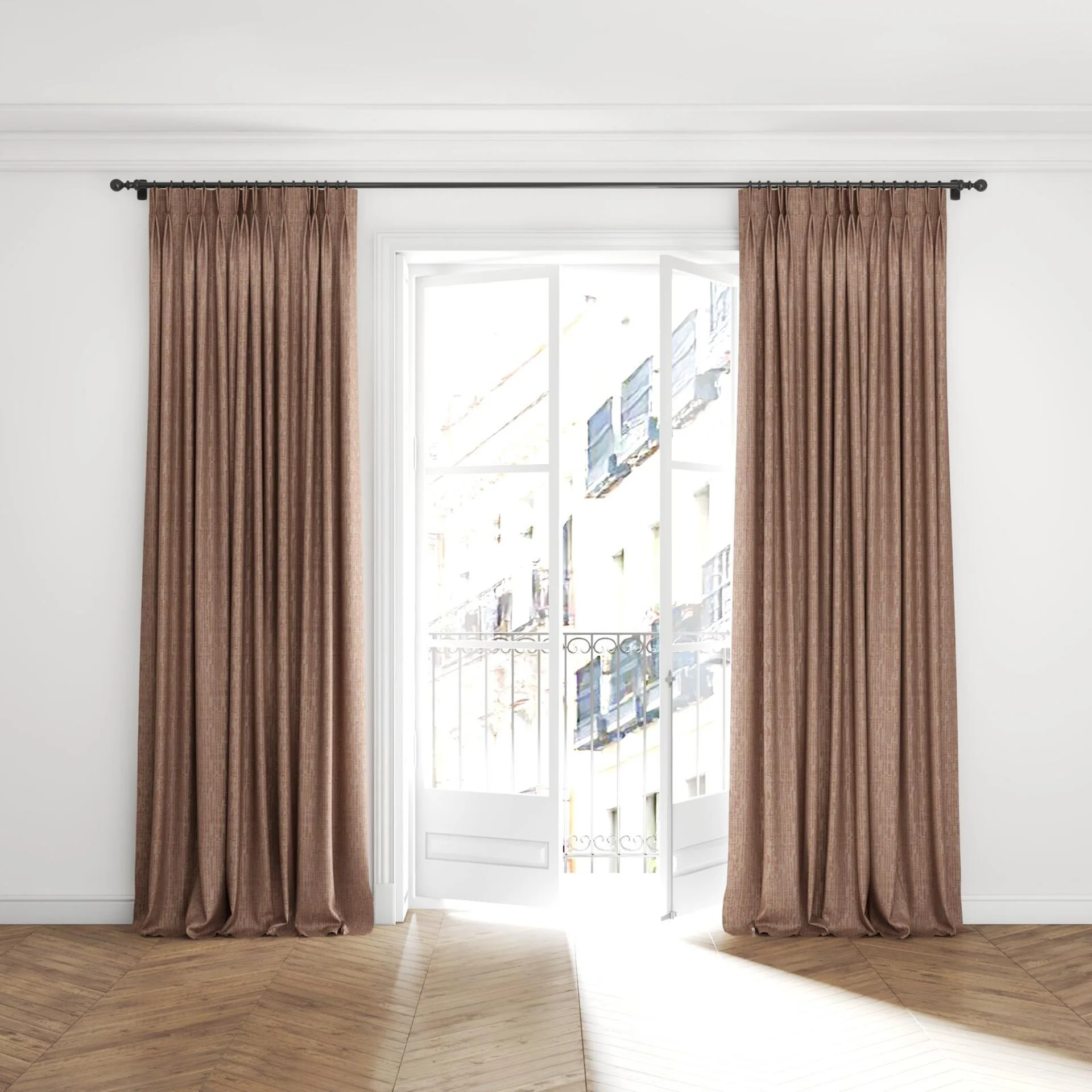 Full view of Unicode Berry, puddled with pinch pleat, on curtain rod