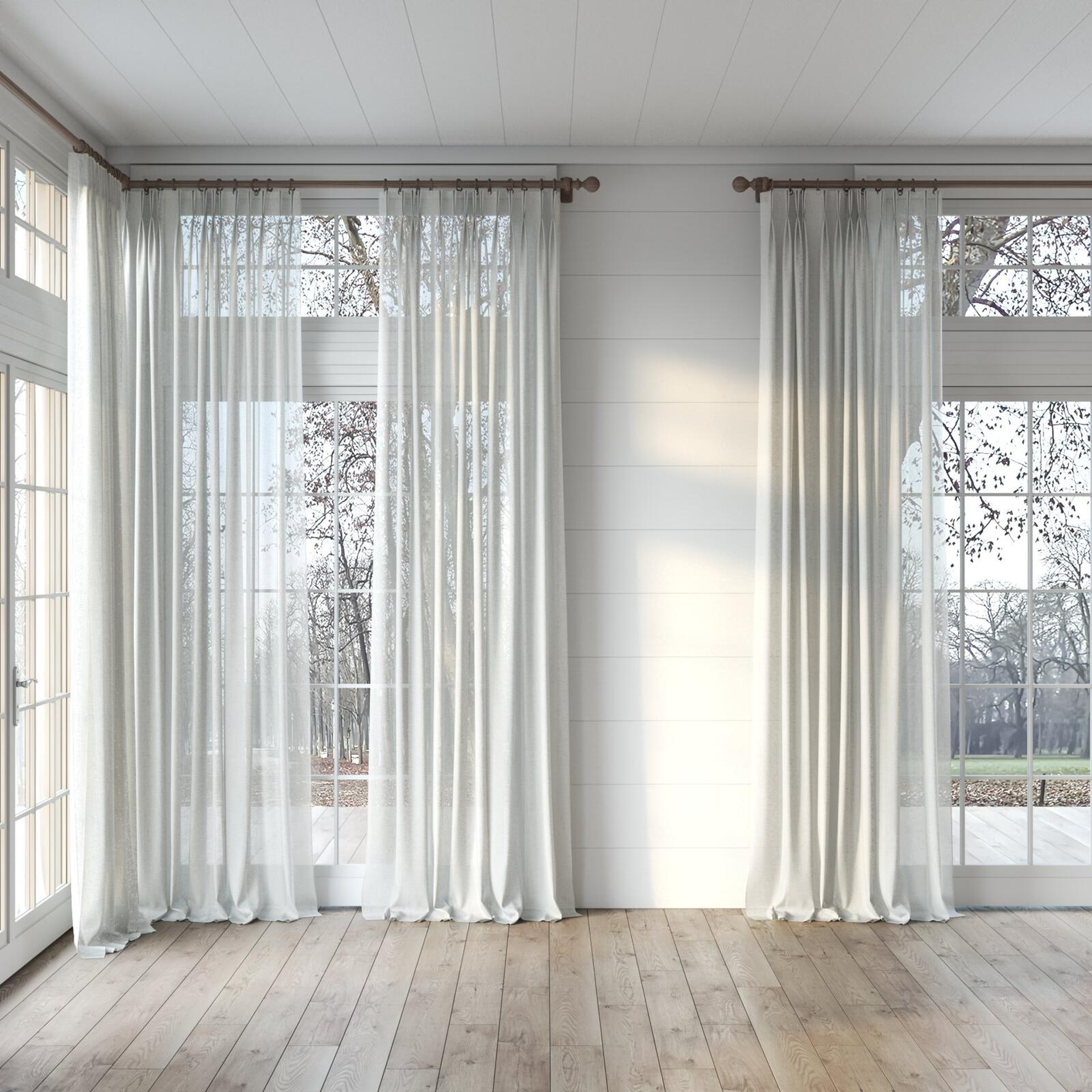 Full view of Rava Dove, puddled, on curtain rod