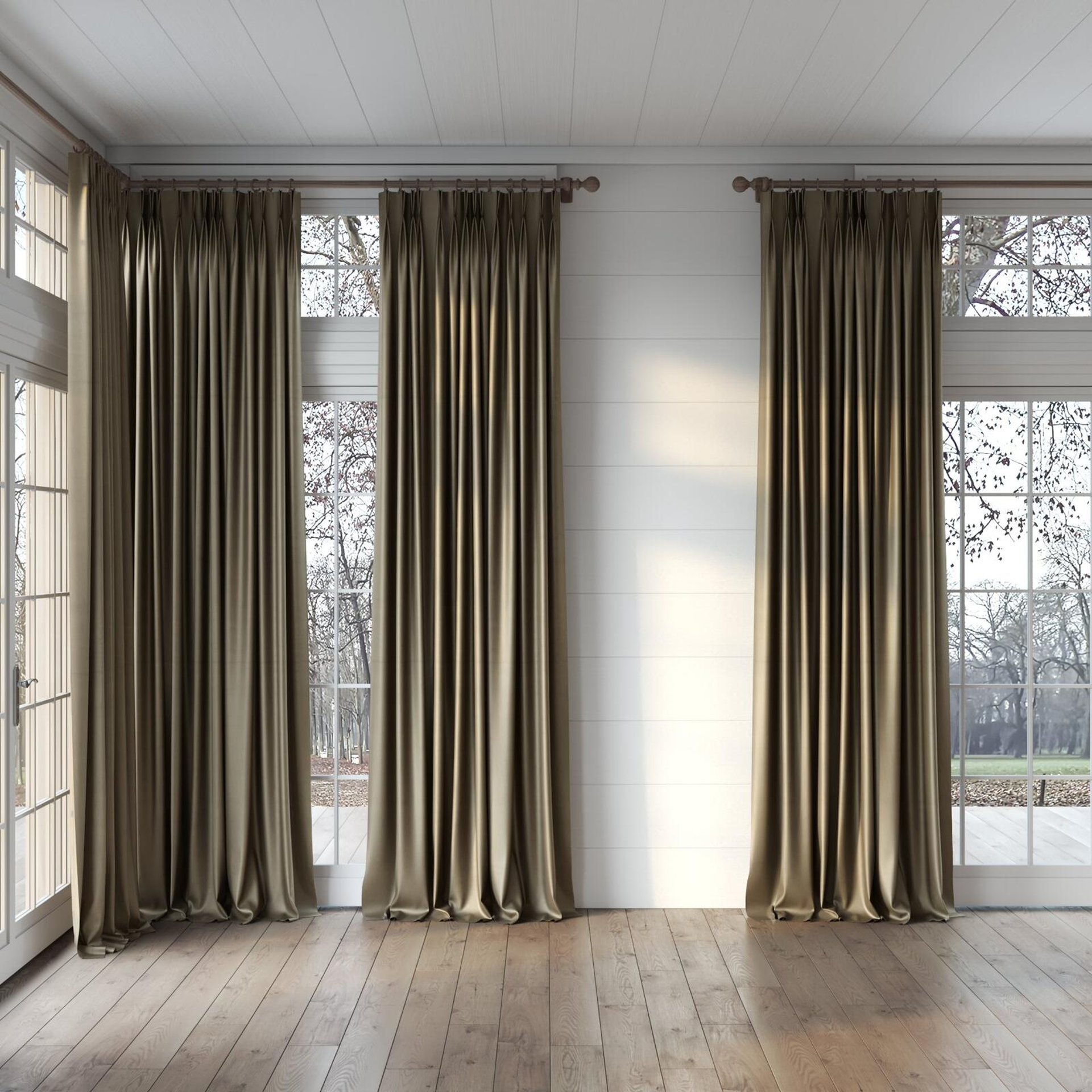Full view of Warlock Java, puddled, on curtain rod