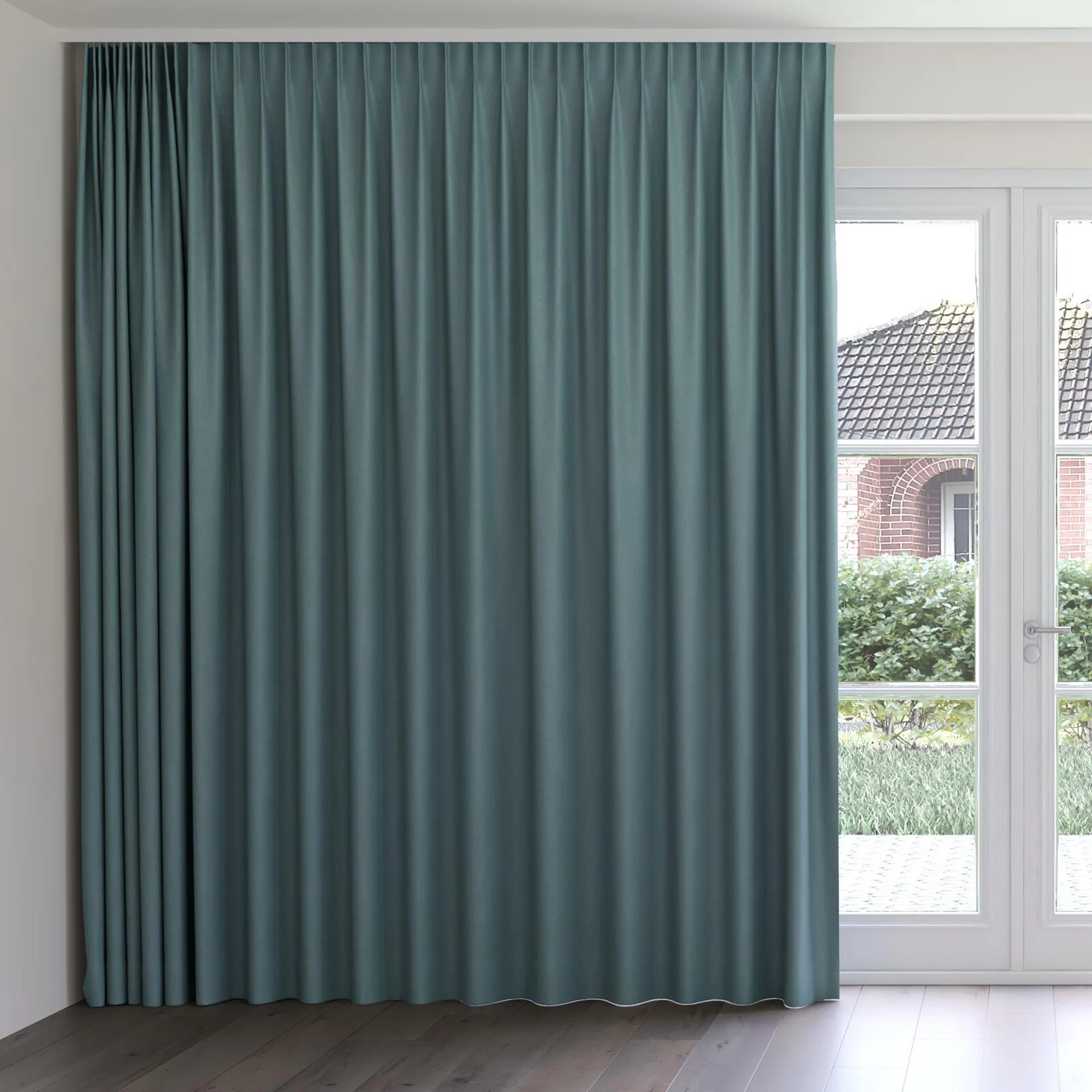 Front view of Luxo Teal, on curtain rail