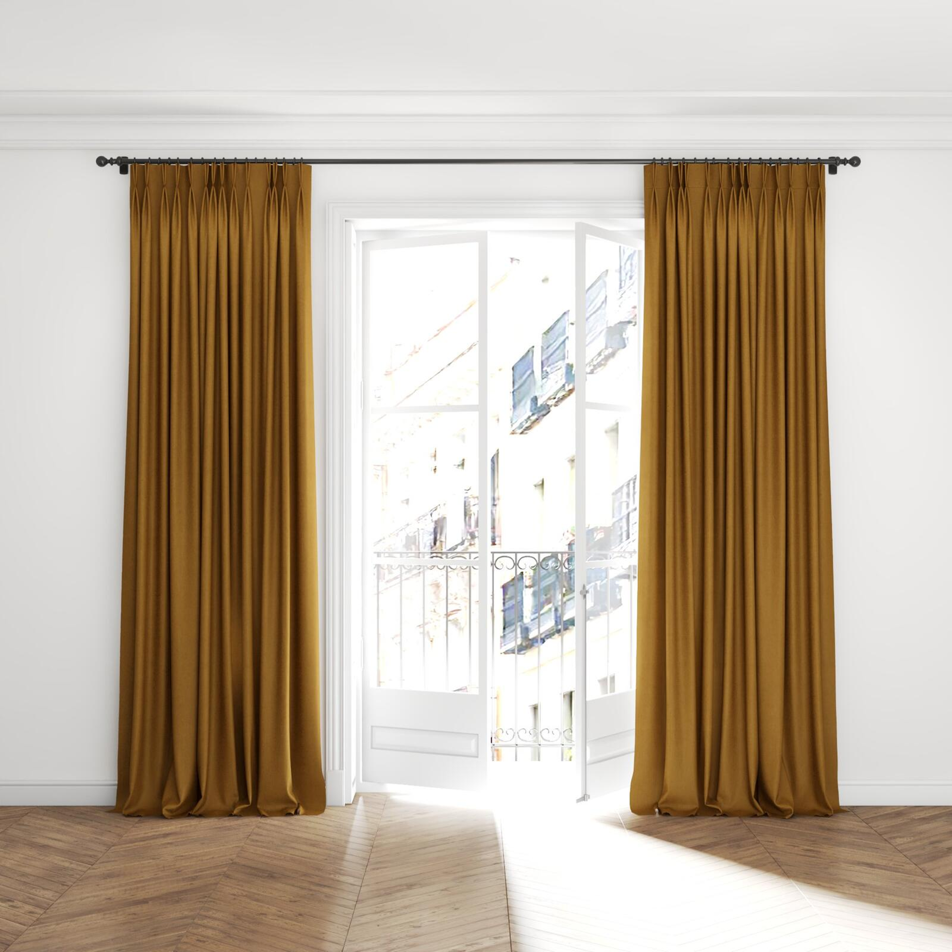 Full view of Rover Hazel, puddled with pinch pleat, on curtain rod