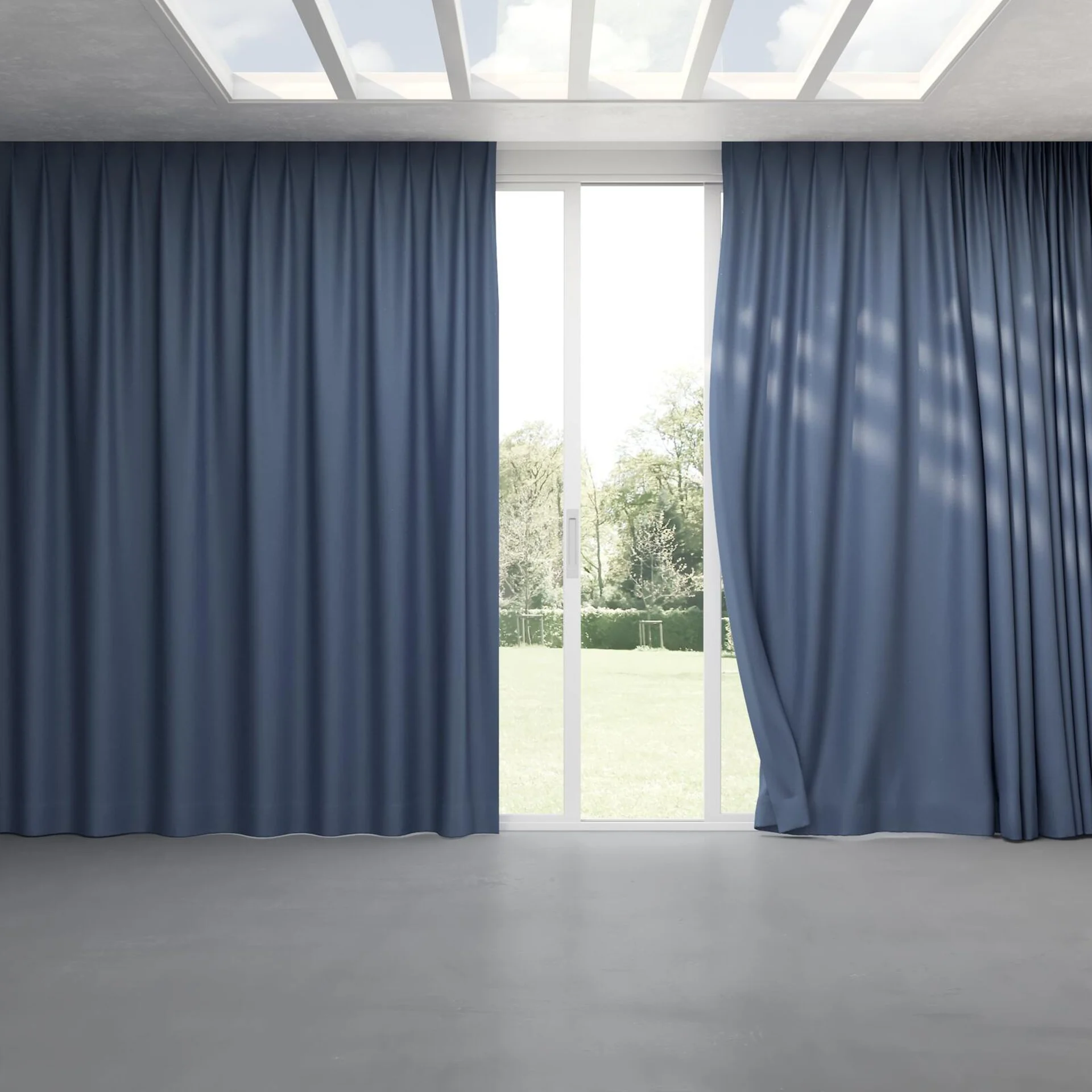 Full view of Duede Indigo, pinch pleat
