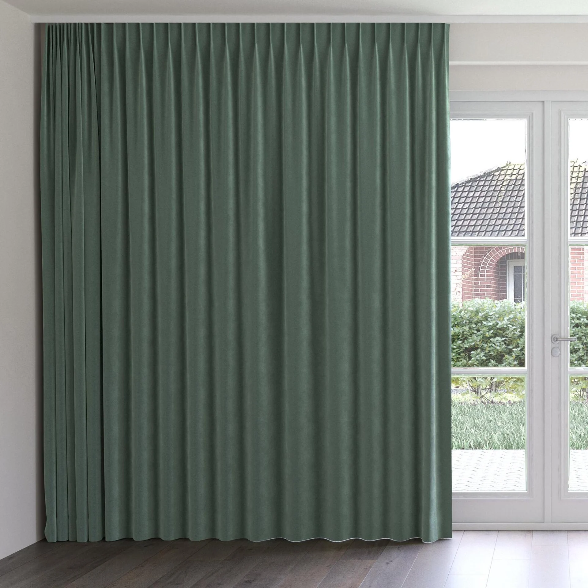 Front view of Vienna Teal, on curtain rail