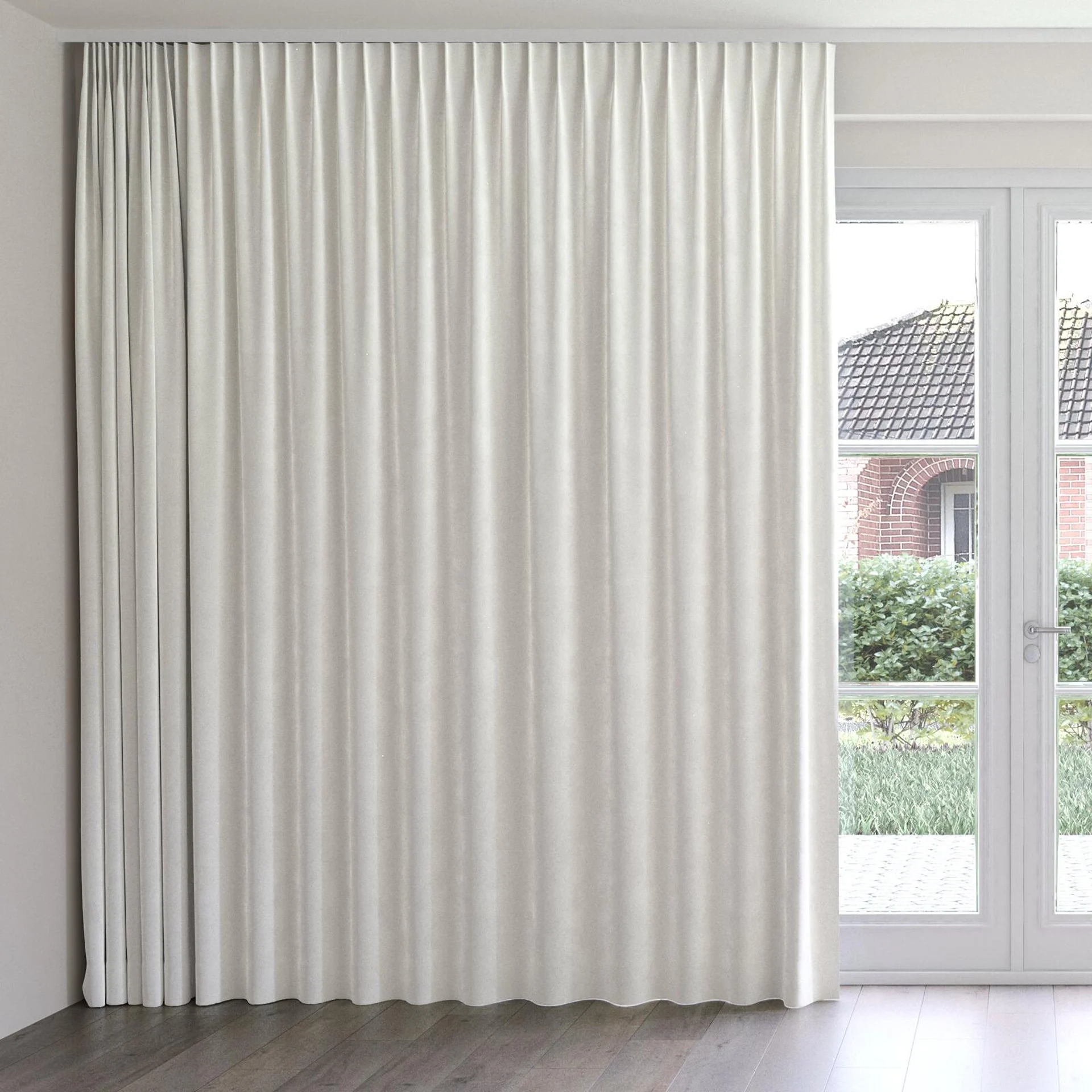 Front view of Velvelux Ivory, on curtain rail