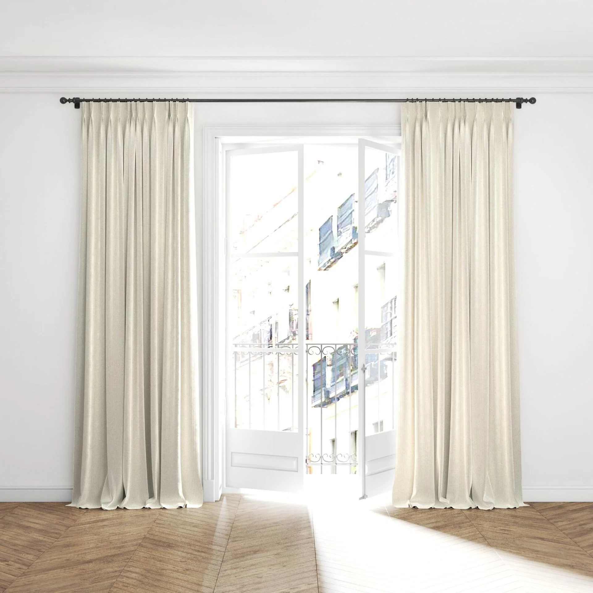 Full view of Embrace Cream, puddled with pinch pleat, on curtain rod