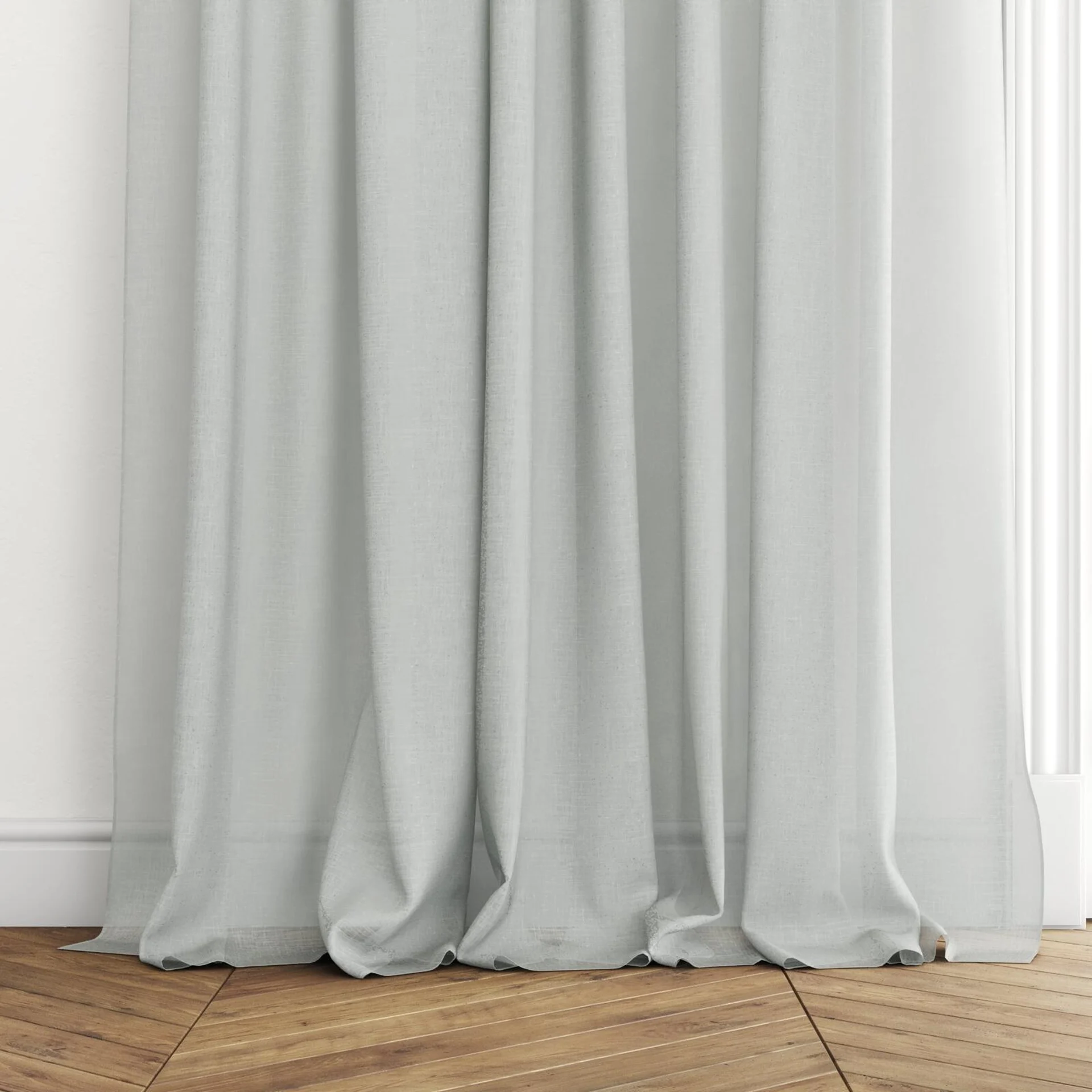 Bottom view of Uno Silver, puddled with pinch pleat, on curtain rod