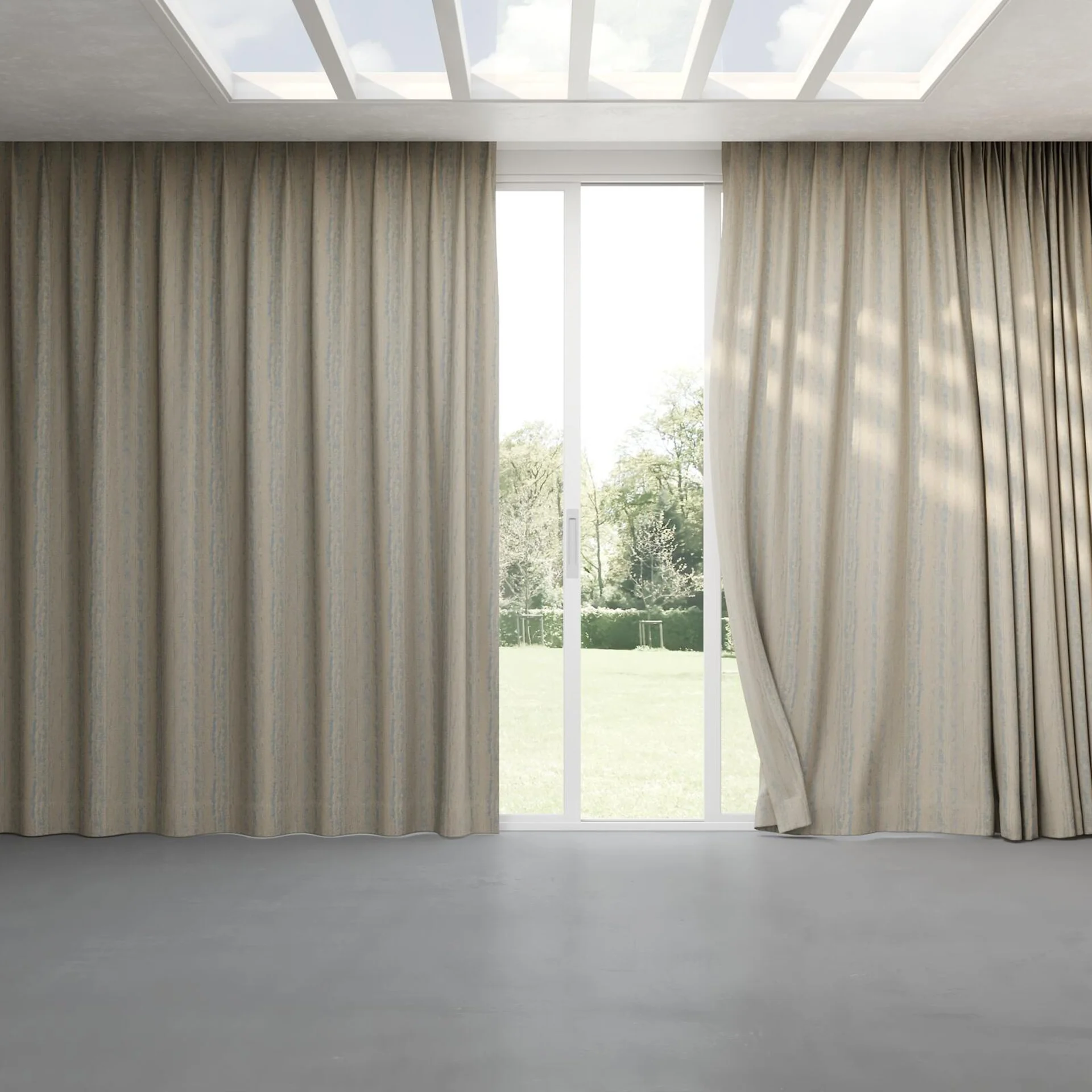 Full view of Stripia Sky, pinch pleat