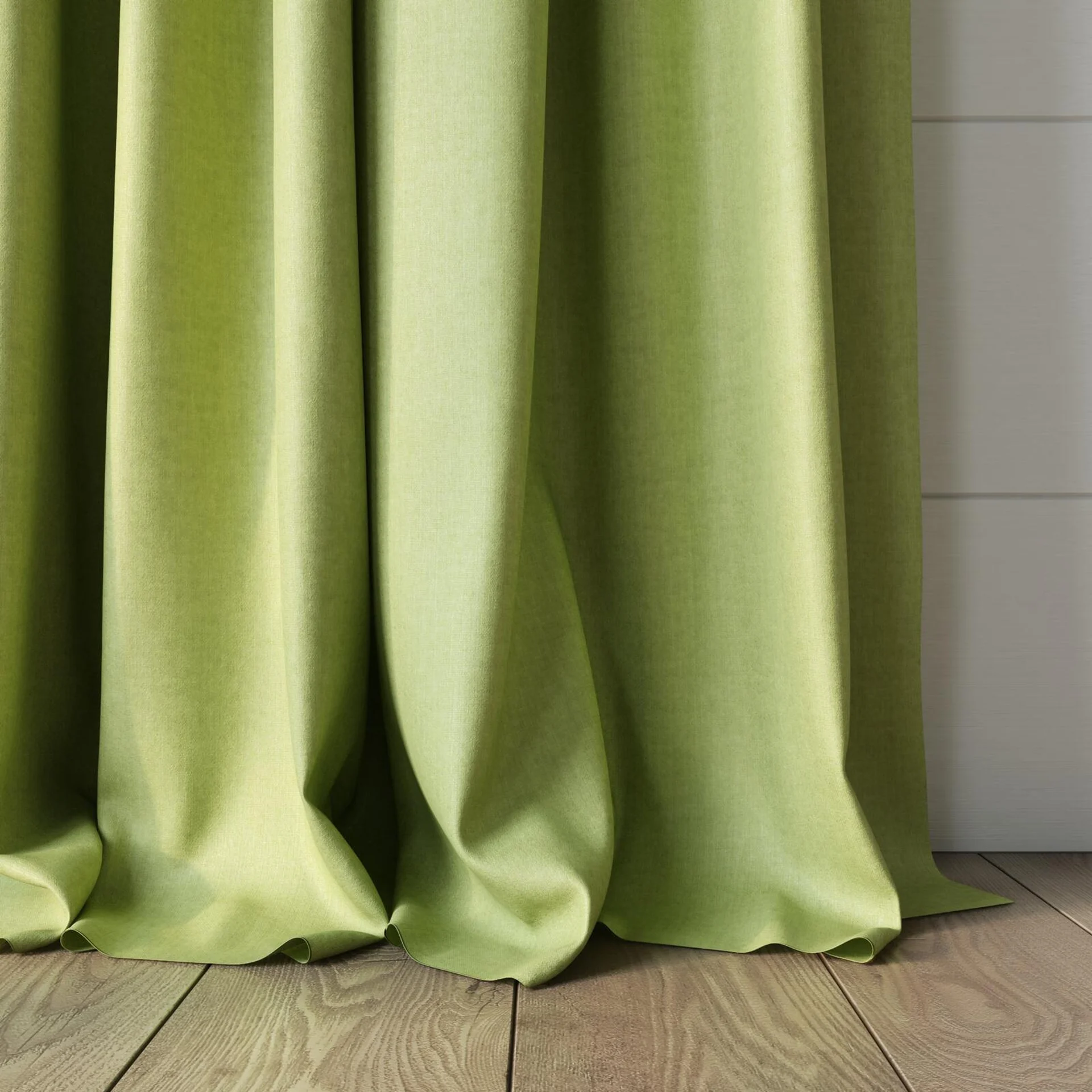 Bottom view of Cushy Lime, puddled, on curtain rod