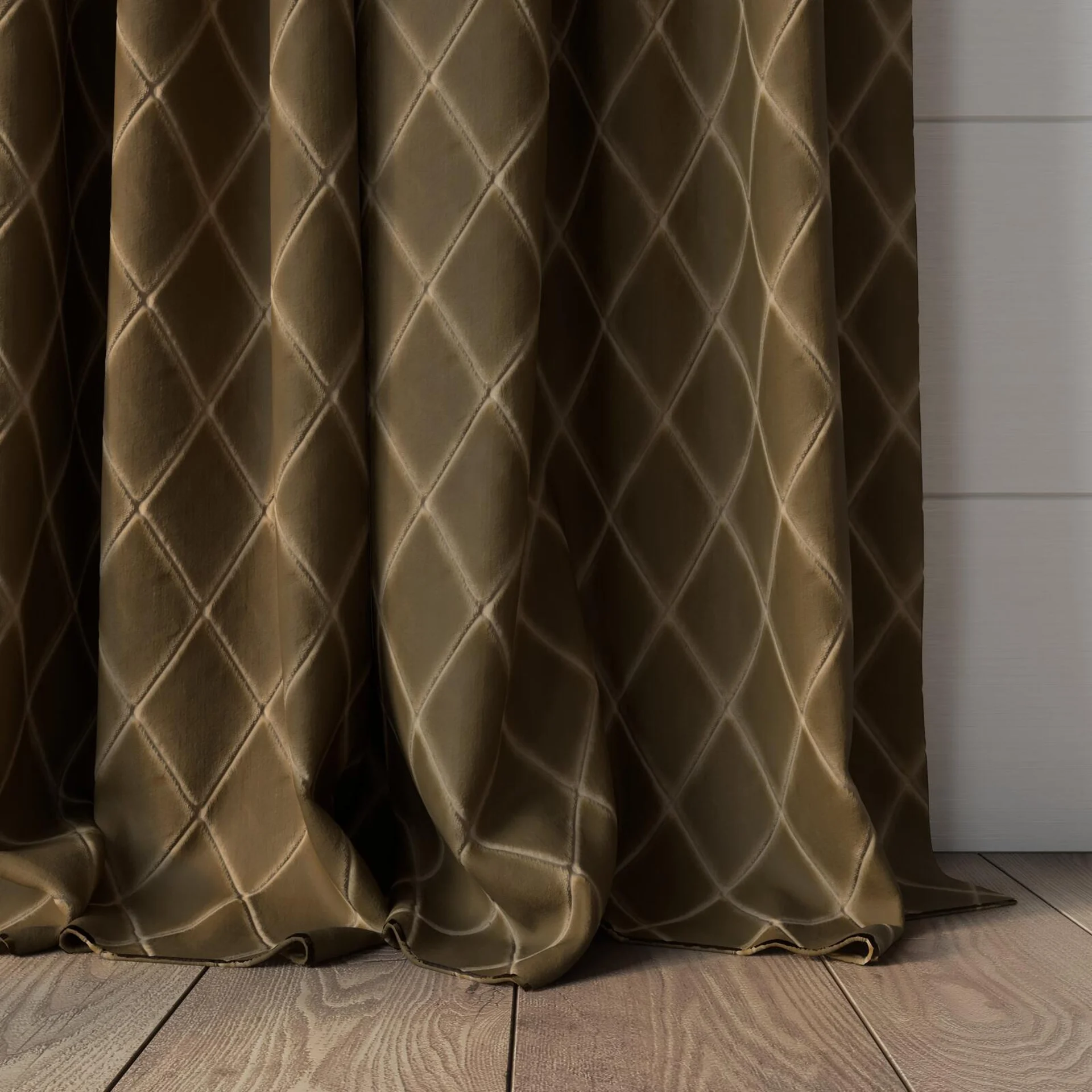 Bottom view of Pantheon Caramel, puddled, on curtain rod