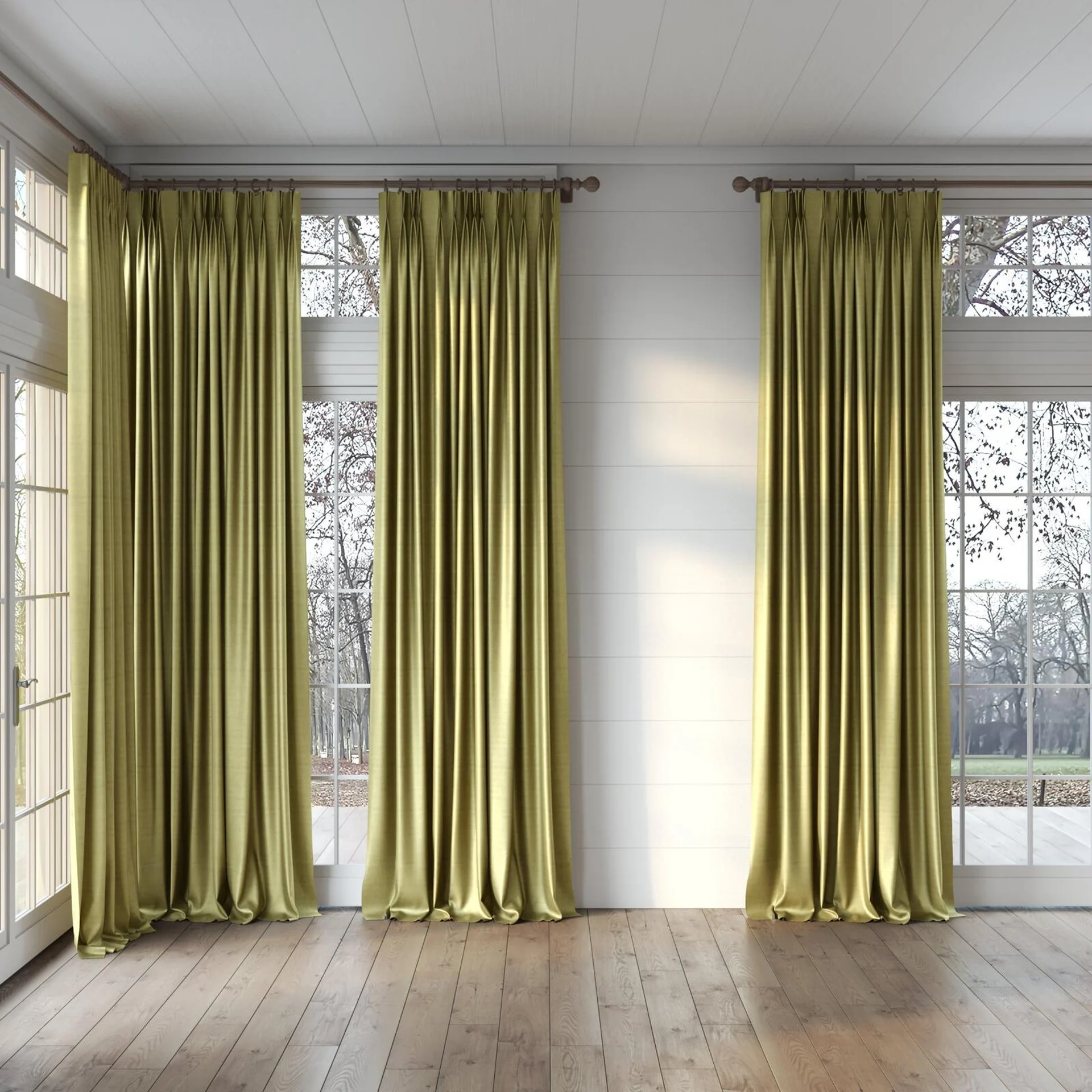 Full view of Zircon Pistachio, puddled, on curtain rod