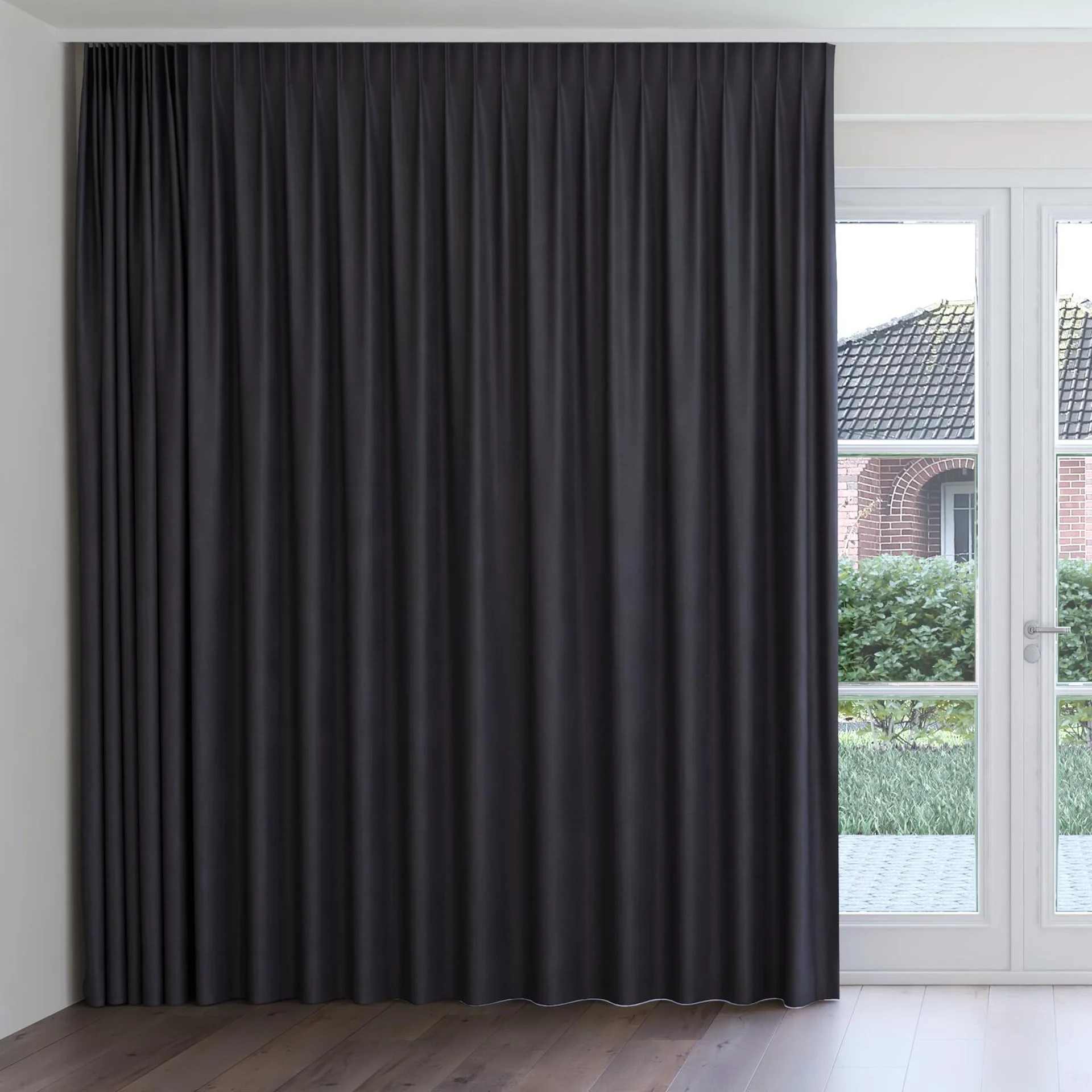 Front view of Casual Caviar, on curtain rail