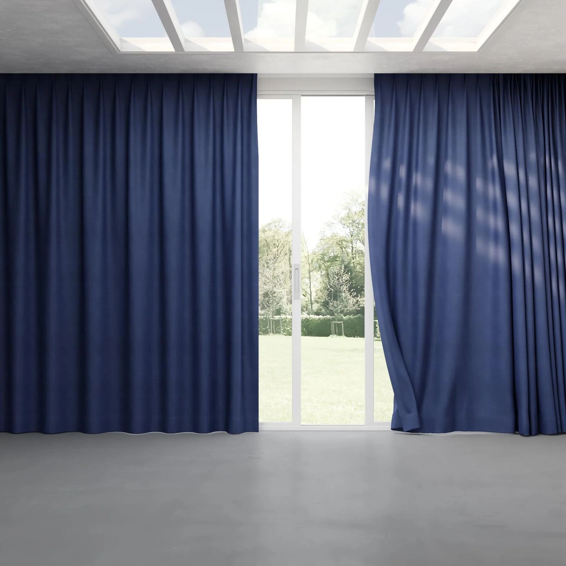 Full view of Loci Dim Out Indigo, pinch pleat