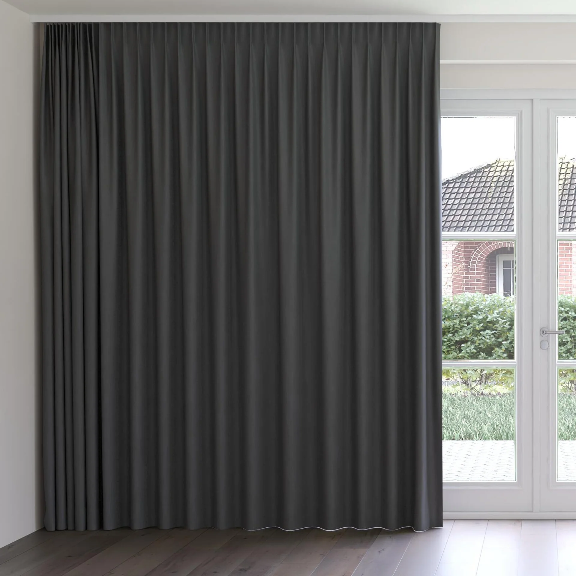 Front view of Element Charcoal, on curtain rail
