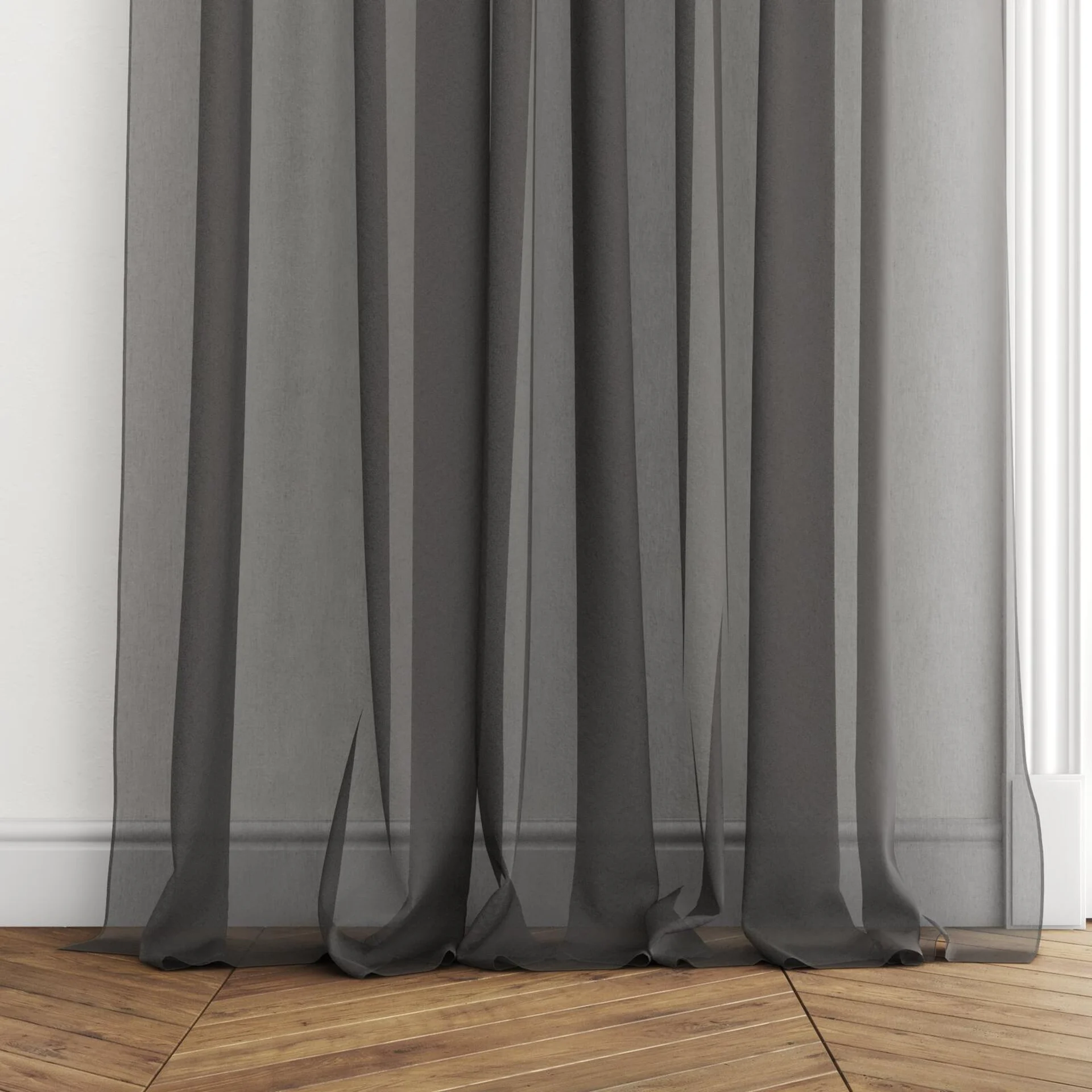 Bottom view of Selene Ebony, puddled with pinch pleat, on curtain rod