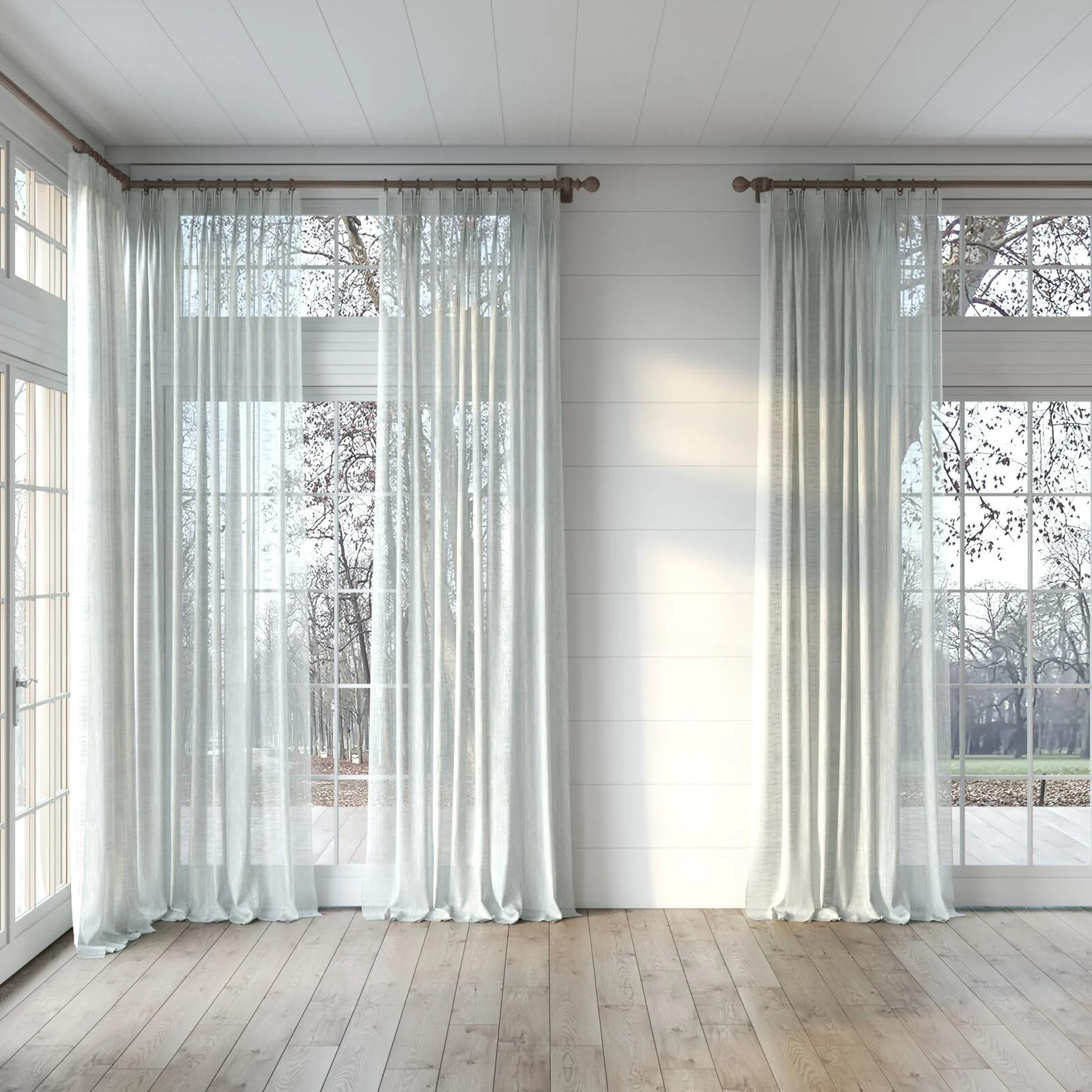 Full view of Zip Pearl, puddled, on curtain rod