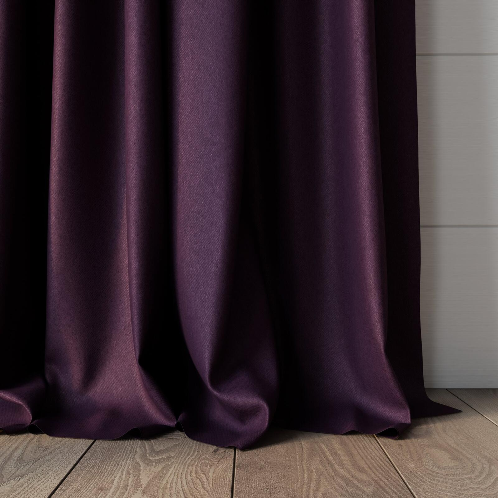 Bottom view of Woolly/Woolen Aubergine, puddled, on curtain rod