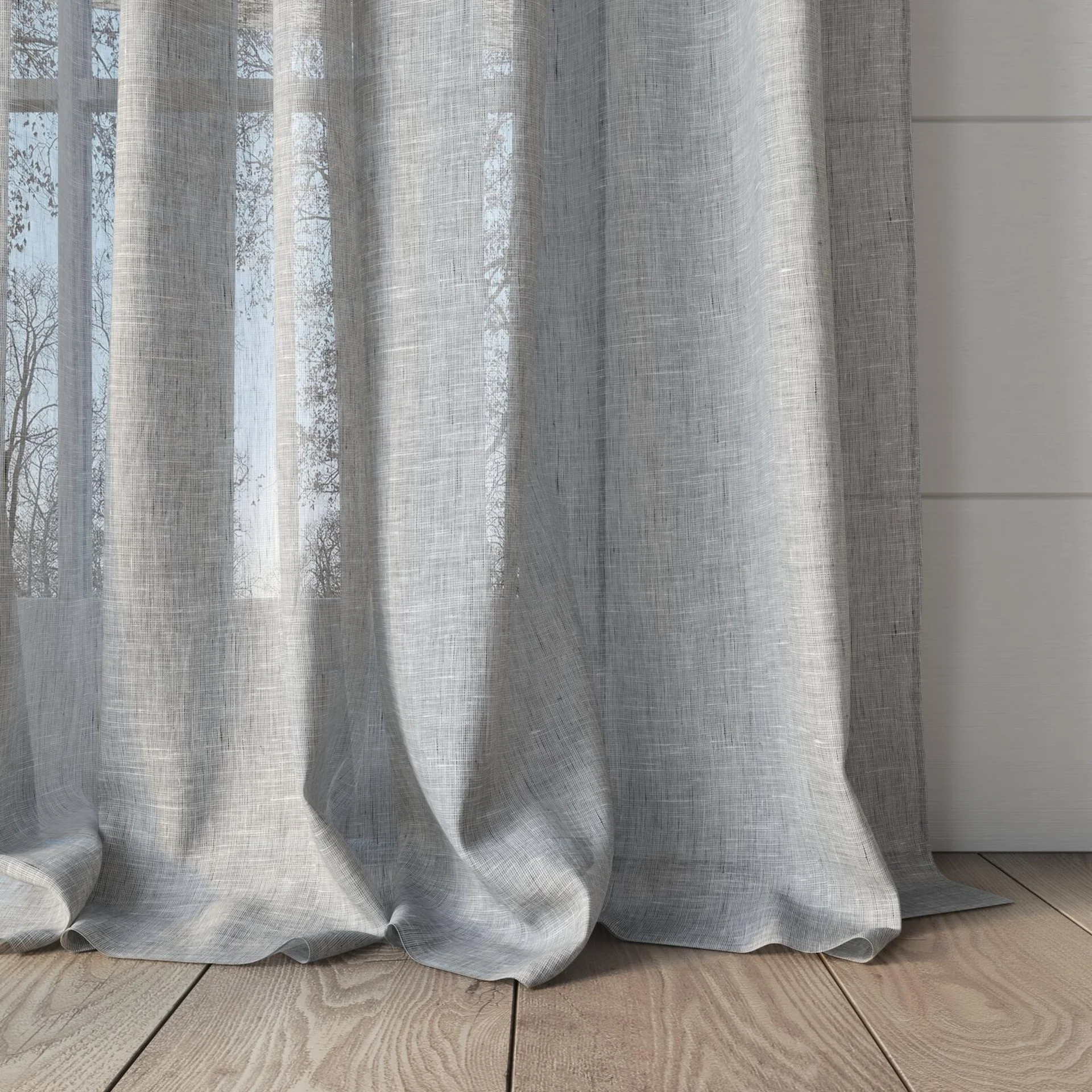 Bottom view of Lino Zebra, puddled, on curtain rod