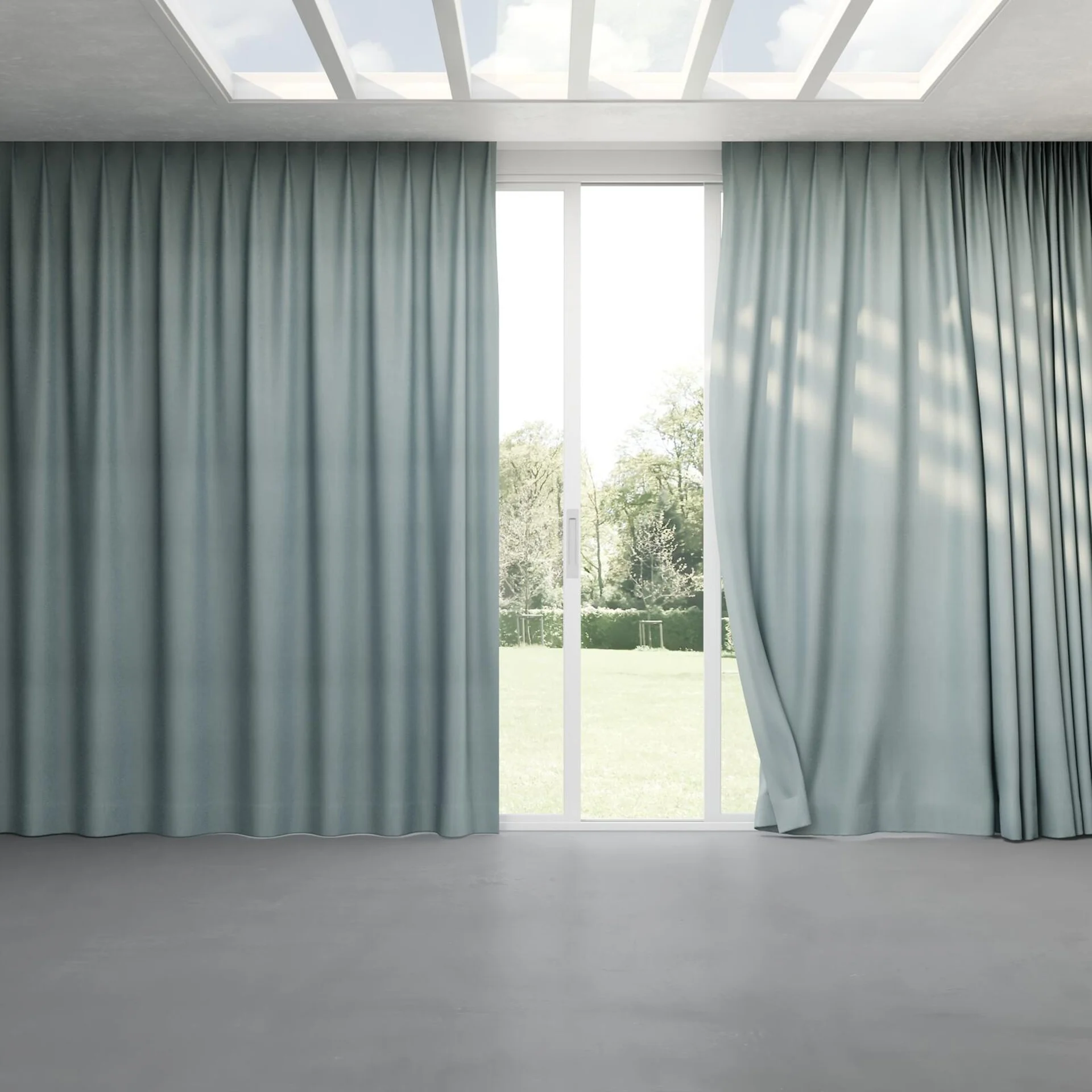 Full view of Loci Dim Out Sky, pinch pleat