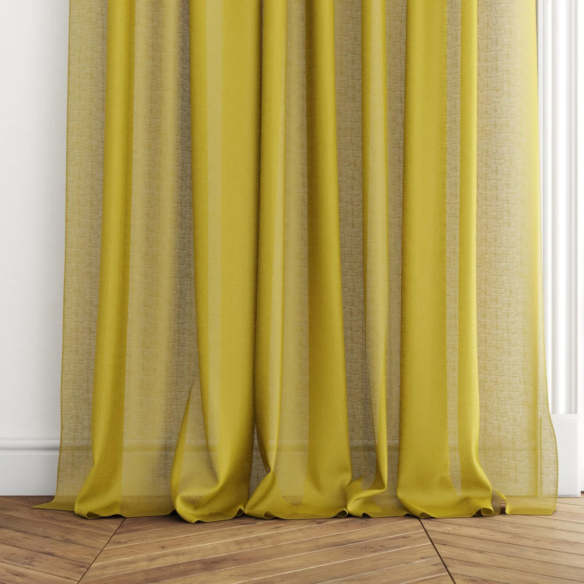 Bottom view of Kanso Stonewash Chartreuse, puddled with pinch pleat, on curtain rod