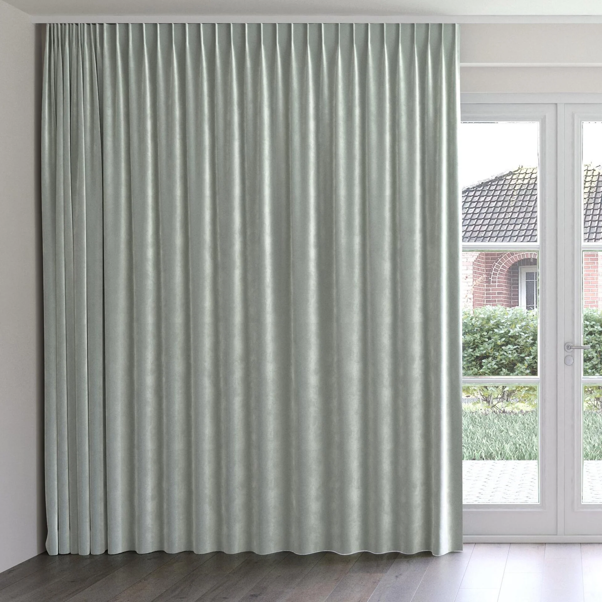 Front view of Velvelux Duckegg, on curtain rail